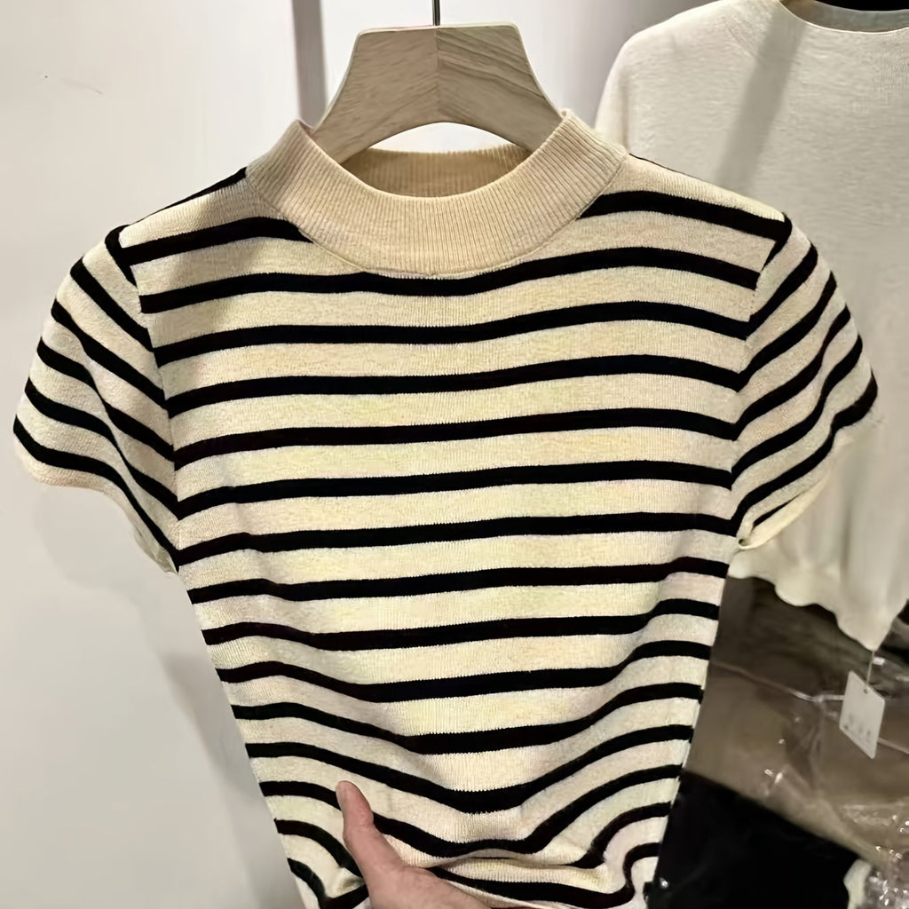 MyClosetAid Semi-High Neck Striped Short-Sleeved T-Shirt — comparison shot