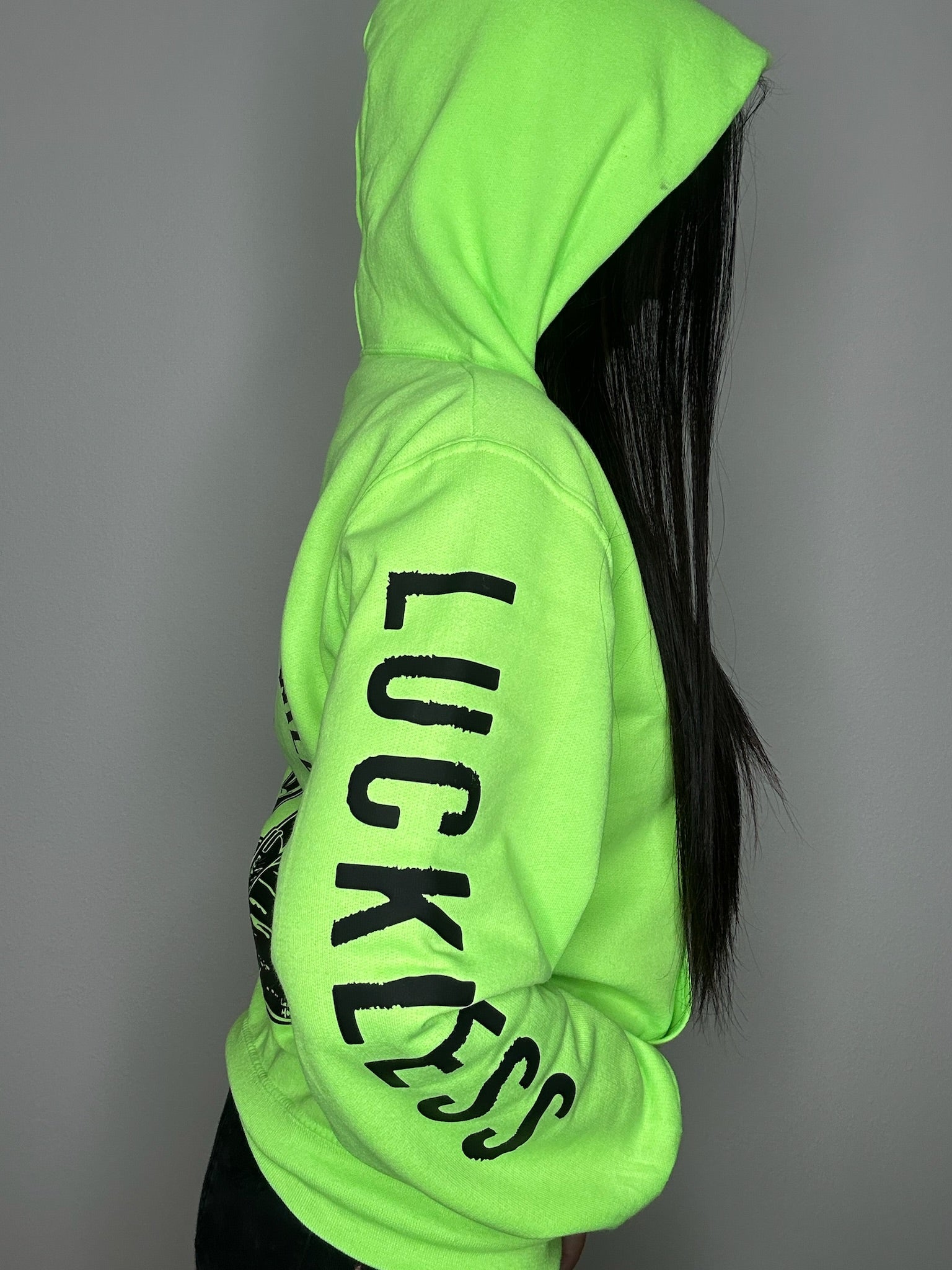 Luckless Outfitters Out Here Being Wild Neon Green Hoodie — side view