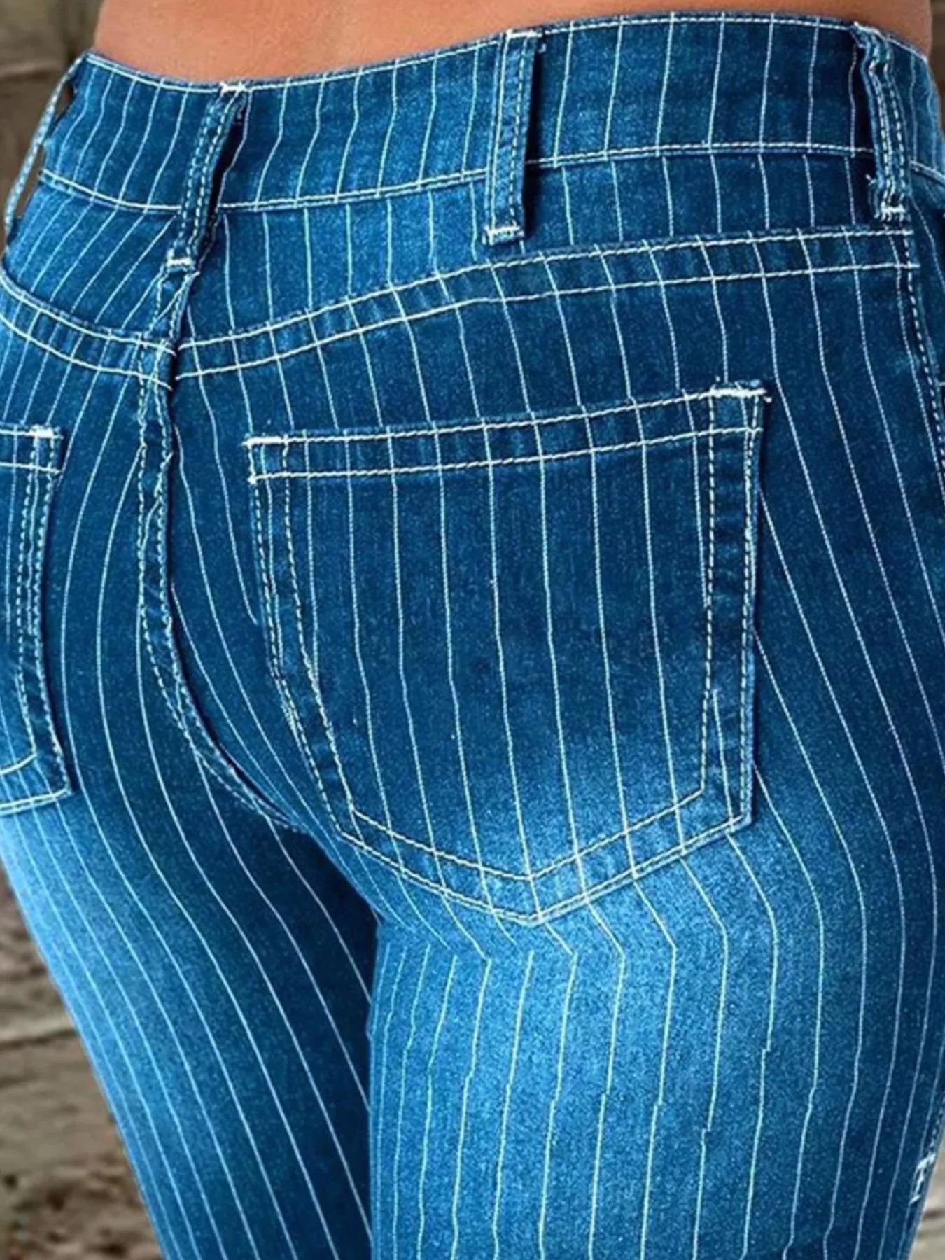 Striped Button Fly Flare Jeans