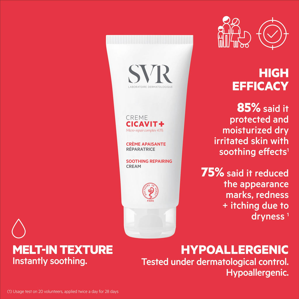 SVR Cicavit+ Creme 100ml - Soothing Moisturizing Cream for Irritated Skin, Non-Greasy, Suitable for Babies, Children, and Adults
