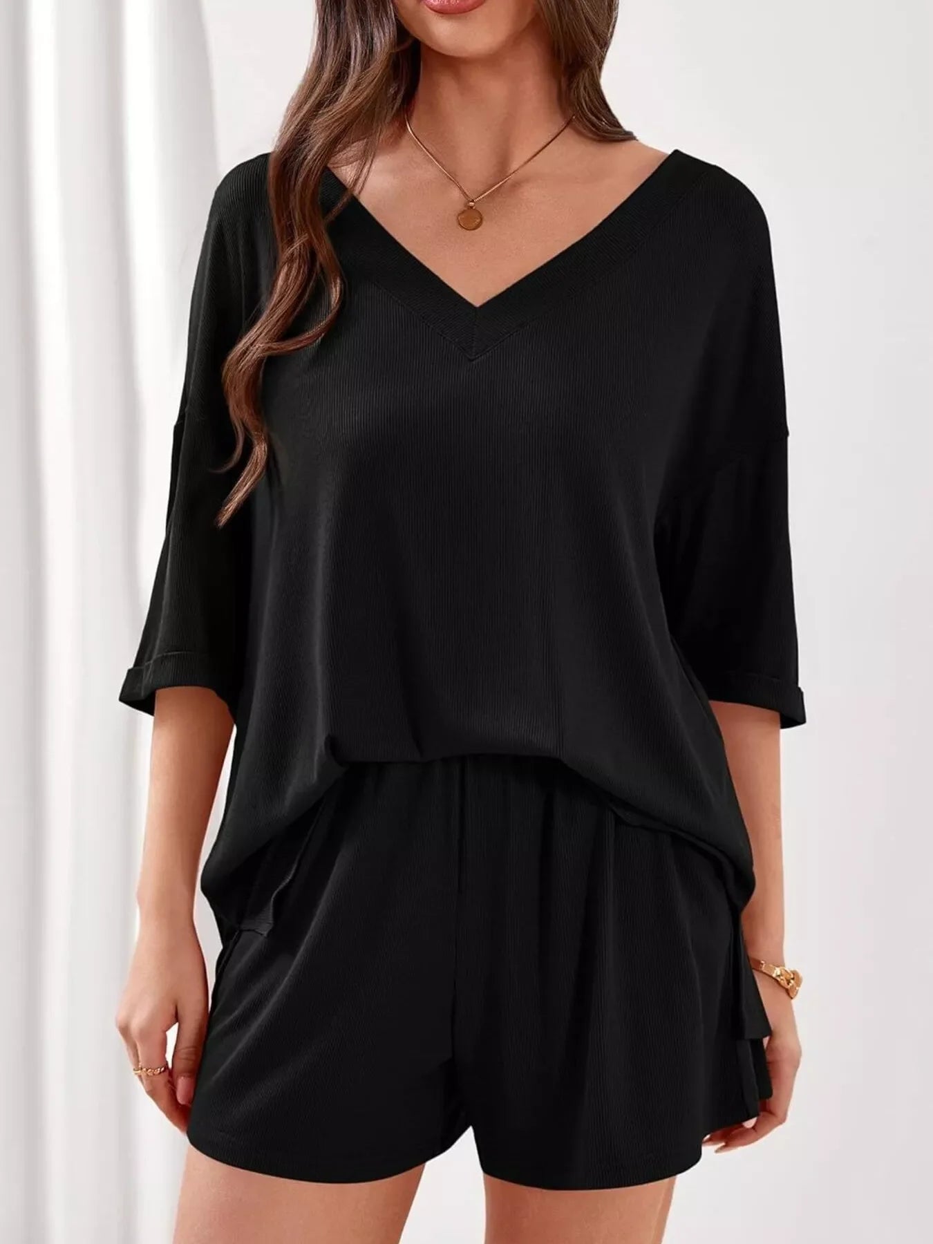 Casual Solid Color V-Neck Top & Shorts Set