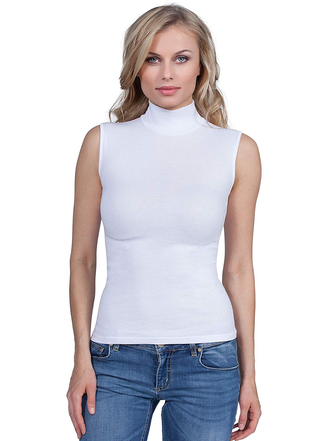 BASIC COTTON Free Spirit Premium Quality Cotton Women's Turtleneck Sleeveless Top Made in Italy — view 2