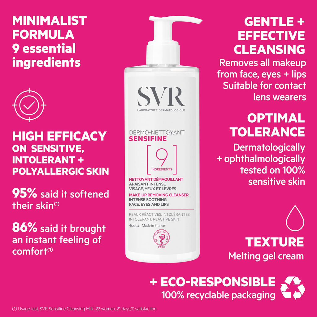 SVR Sensifine Dermo Nettoyant Facial Cleanser & Makeup Remover - Gentle, Dermatologically Tested, 400ml