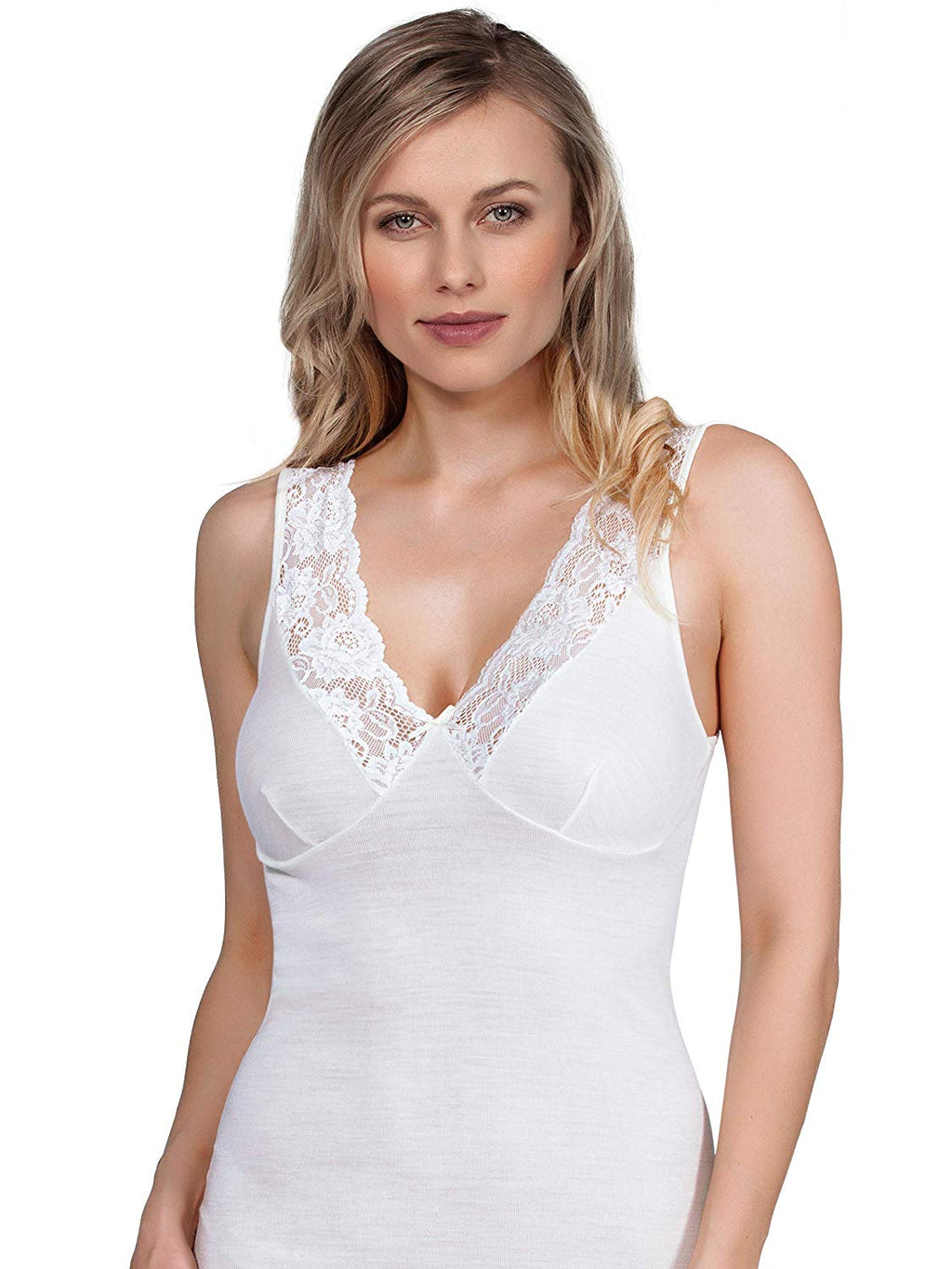 tittimitti MaRe Luxury Merino Wool Blend V-Neck Top with Lace Trim. Proudly Made in Italy. — detail close-up
