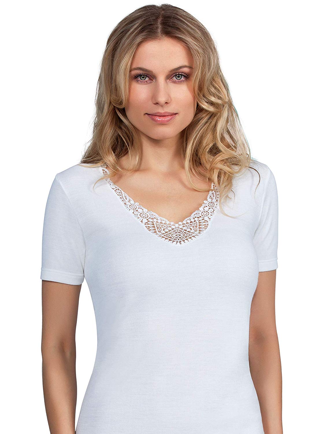 tittimitti MaRe Premium Quality Cotton Wool Blend Women's T-Shirt with Macramé Lace. Proudly Made in Italy. — side view