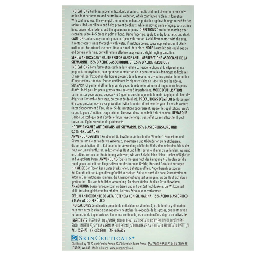 Skinceuticals Antioxidant Serum Silymarin CF - Vitamin C Serum for Anti-Aging & Acne-Prone Skin