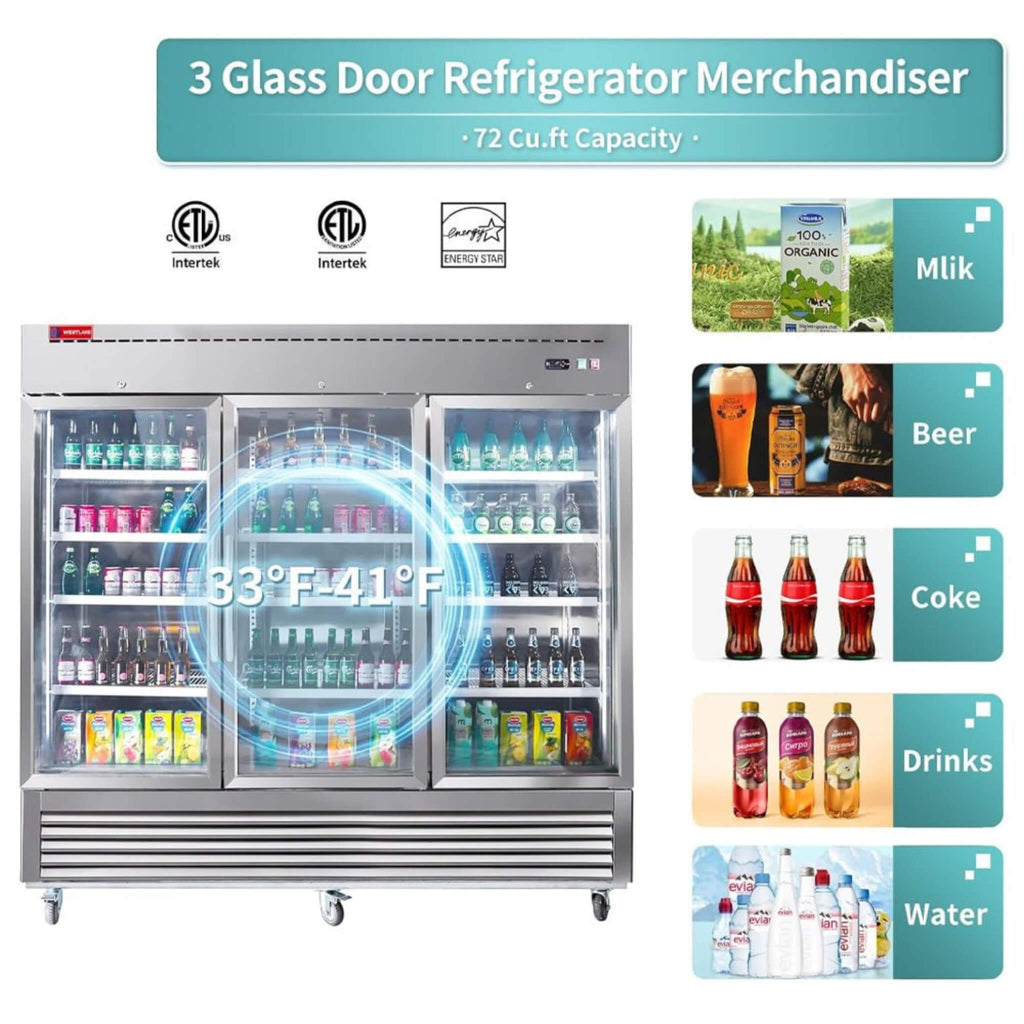 82-Inch Commercial Stainless Steel Upright Display 3 Section Merchandiser Refrigerator (SAK15724) – SAKSBY WHOLESALE, view 2