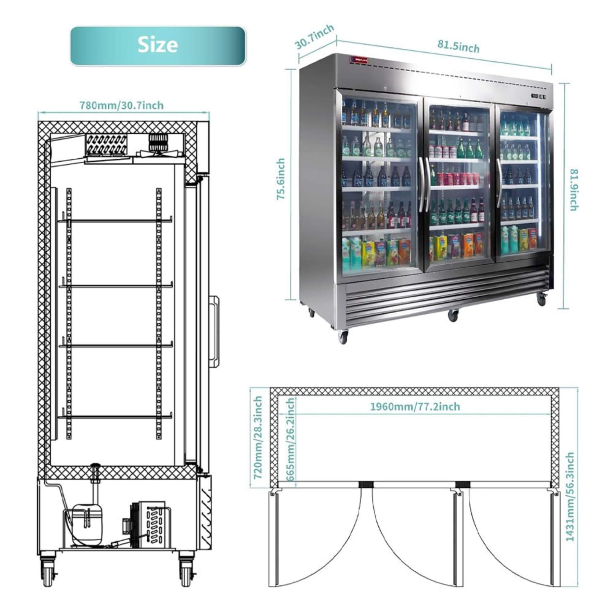 82-Inch Commercial Stainless Steel Upright Display 3 Section Merchandiser Refrigerator (SAK15724) – SAKSBY WHOLESALE, view 4