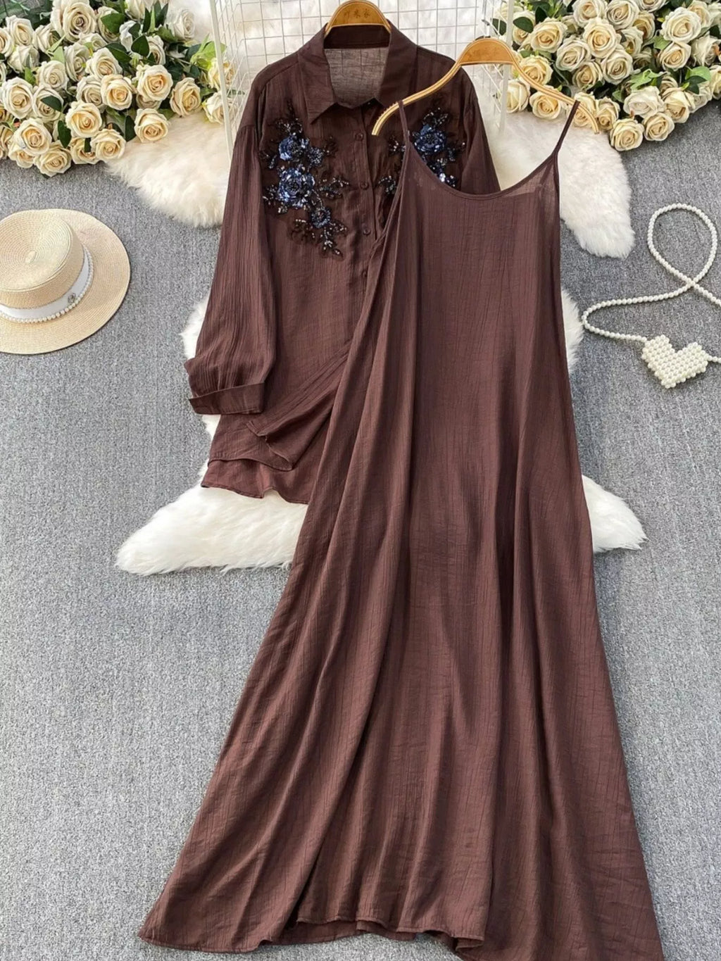Sequin Flower Button Up Shirt and Cami Dress Set