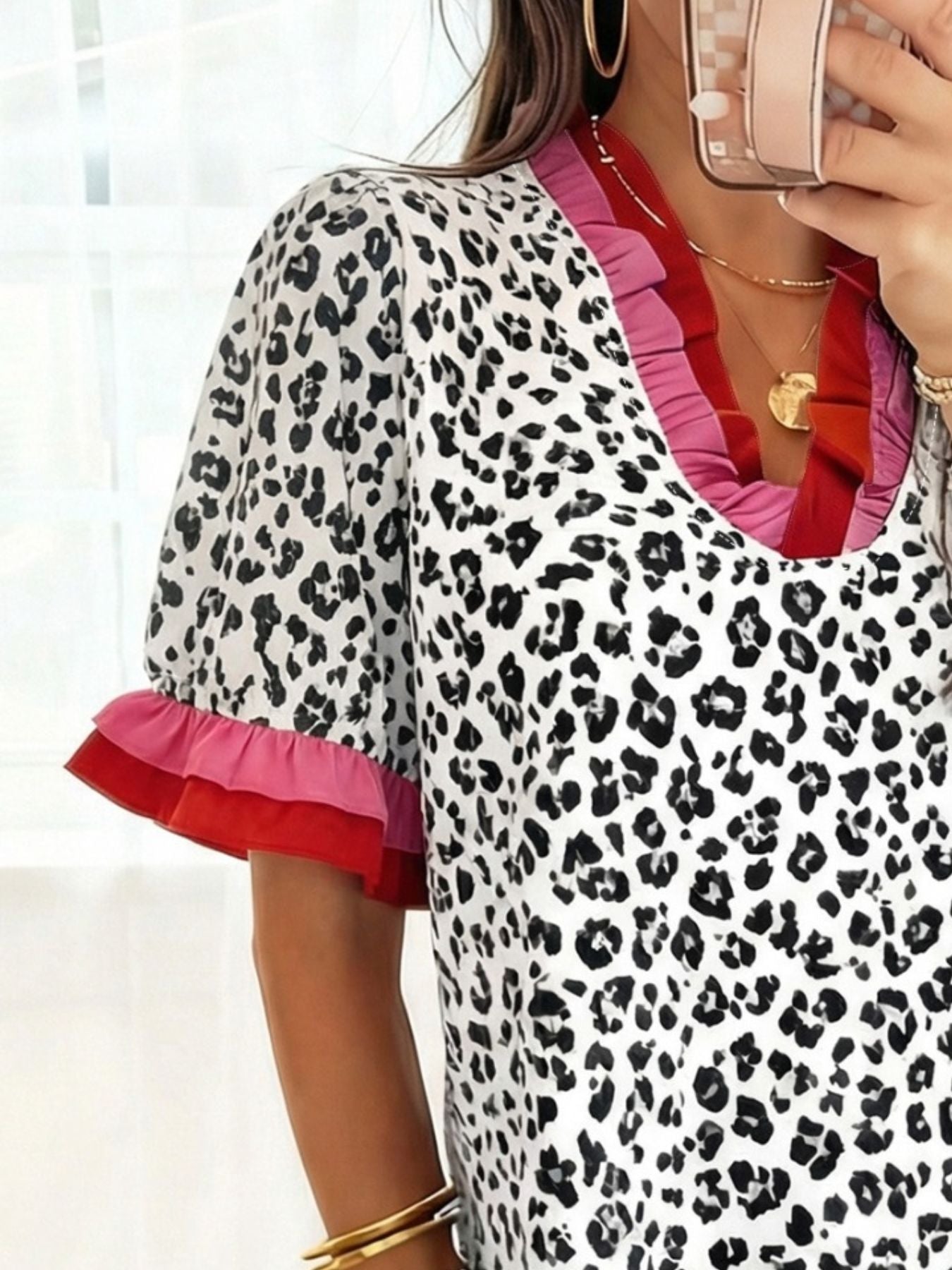 Leopard Print Frill Short Sleeve Blouse