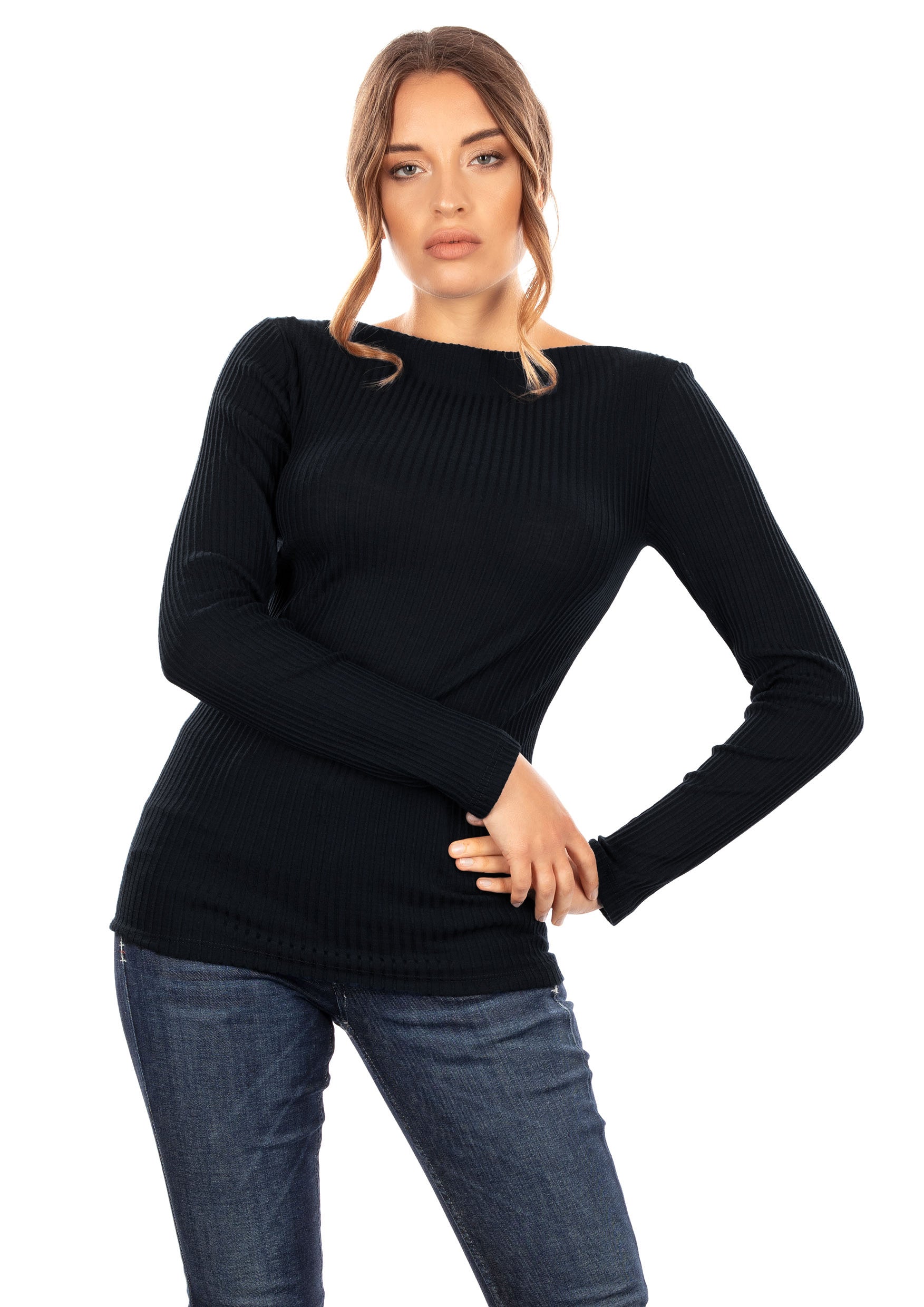 tittimitti EGI Exclusive Collections Merino Wool Blend Boat Neck Top with Long Sleeves. Proudly Made in Italy (8248) — back v