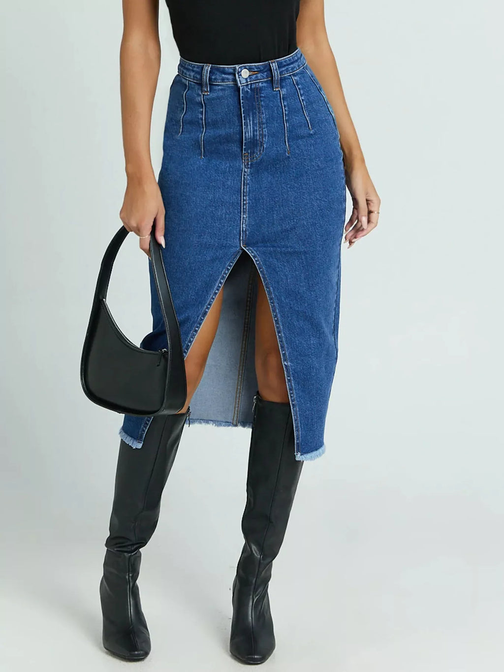 High-Waisted Slit Denim Skirt