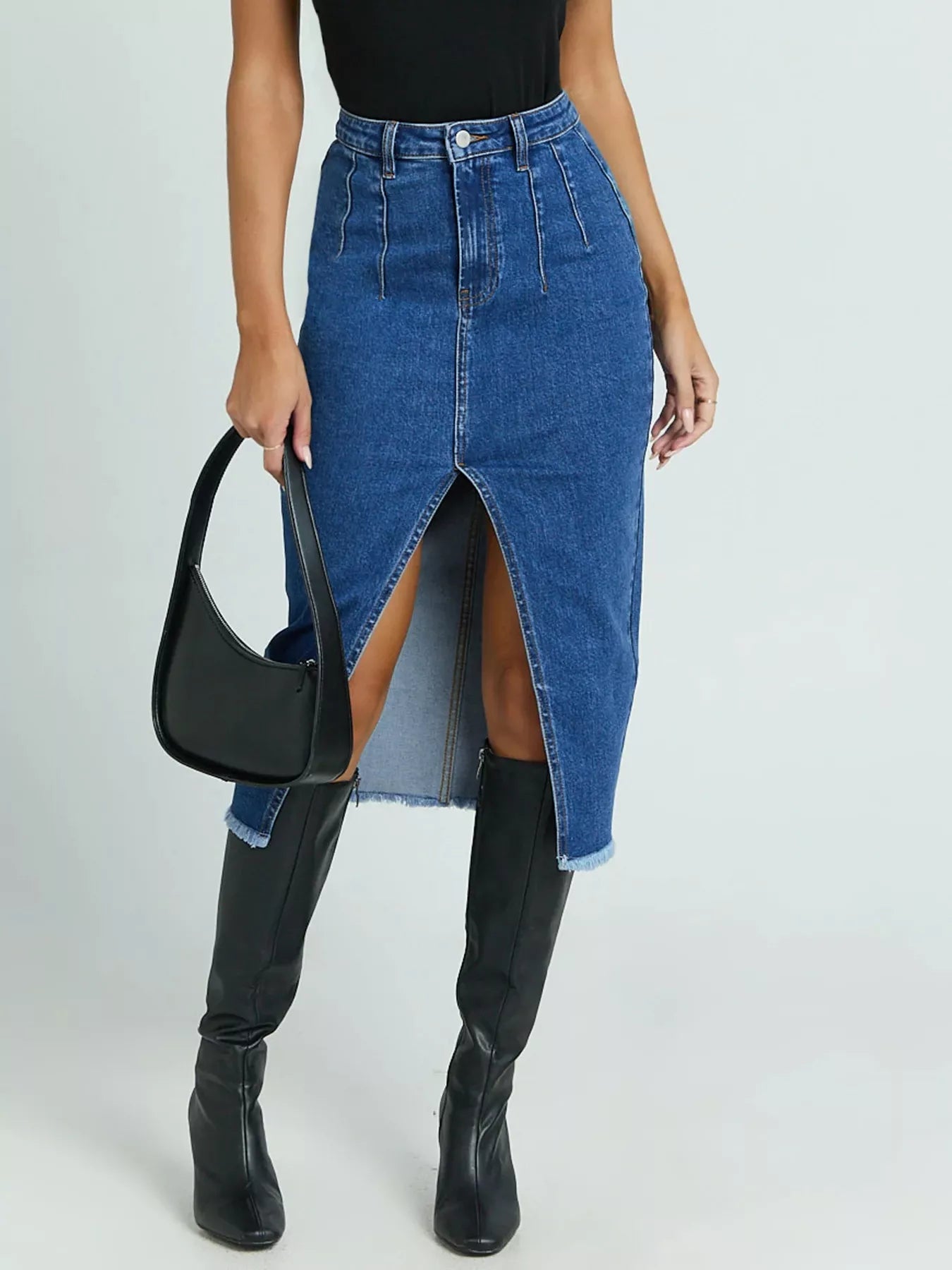 High-Waisted Slit Denim Skirt