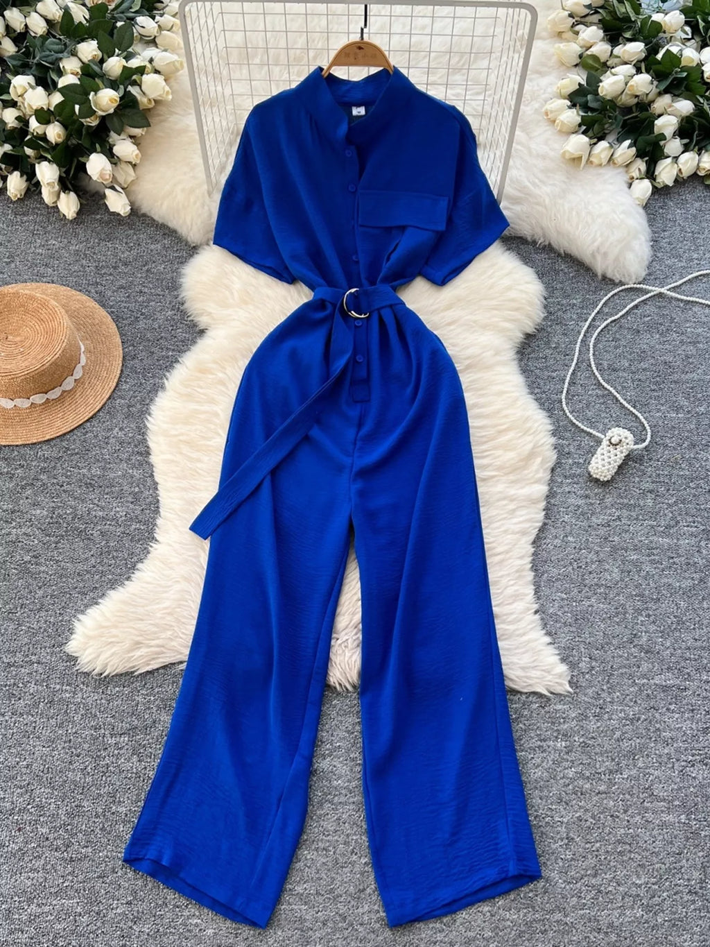 Button Front Wide Leg Jumpsuit