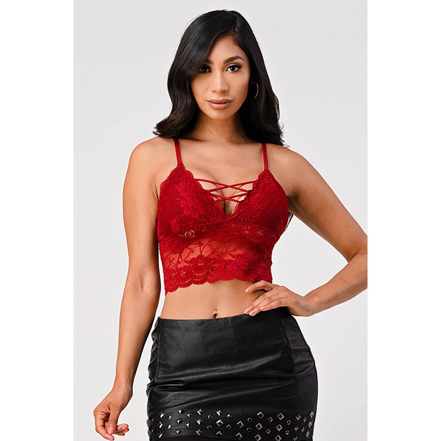 MWBW Apparel and More SPAGHETTI STRAP STRING DETAIL LACE CROP BRACELETTE — flat-lay composition