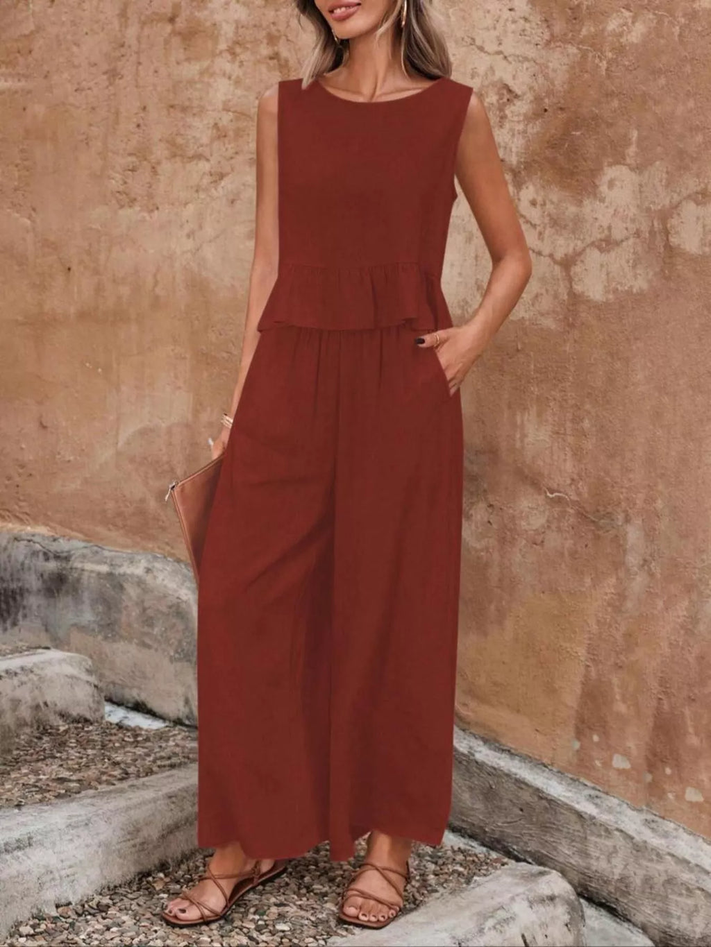 Sleeveless Ruffle Hem Top and Wide Leg Pants Two-Piece Set