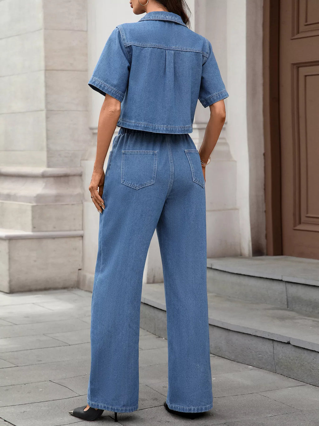 Short Sleeve Top and Drawstring Pants Denim Set