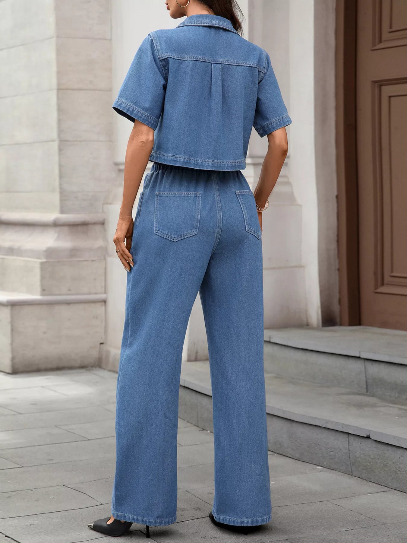 Short Sleeve Top and Drawstring Pants Denim Set