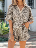 V Neck Collar Leopard Printed 2pcs Short Set