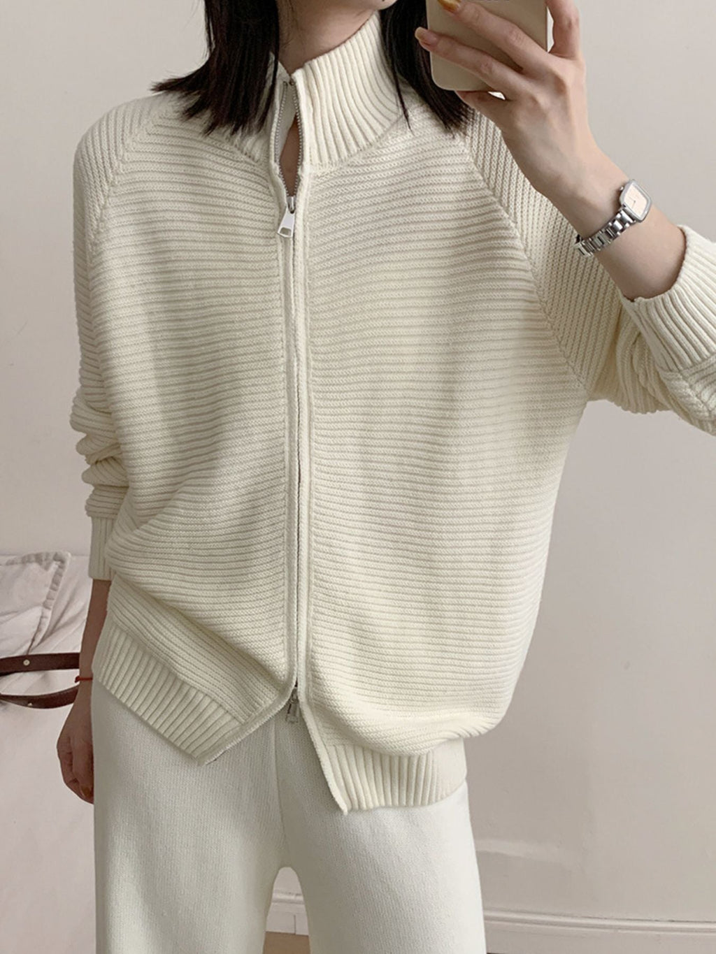 Casual Knit Zip-Up Cardigan and Wide-Leg Pants Set