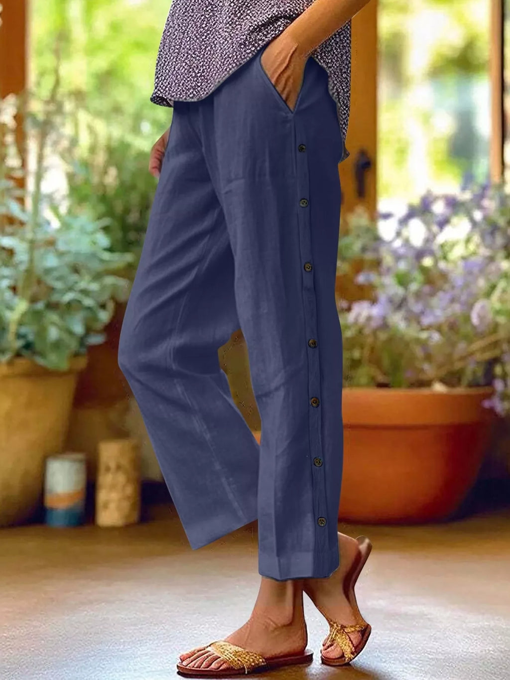 Full Size Side Button Decor Pants Plus Size