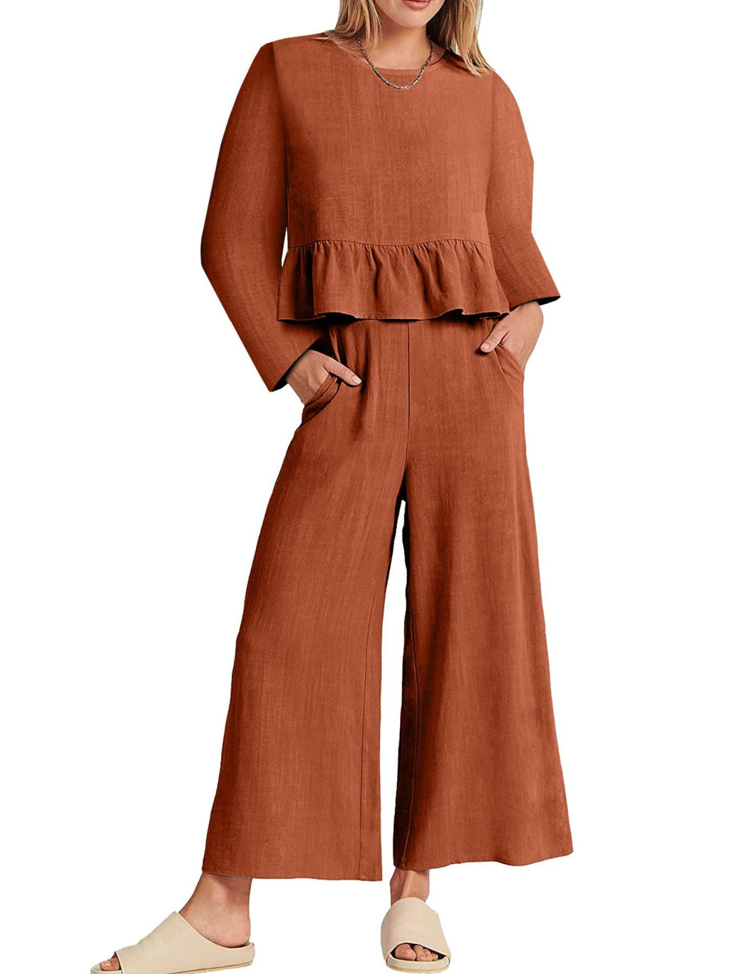 Full Size Ruffled Hem Long Sleeve Top and Pants Set Plus Size