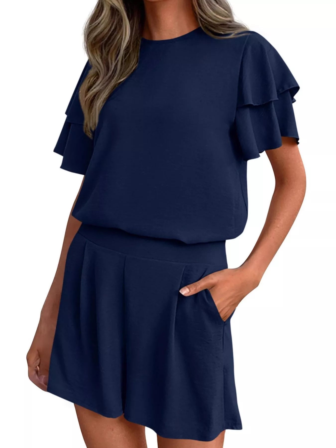 Ruffle Sleeve Top and Shorts Two-Piece Set