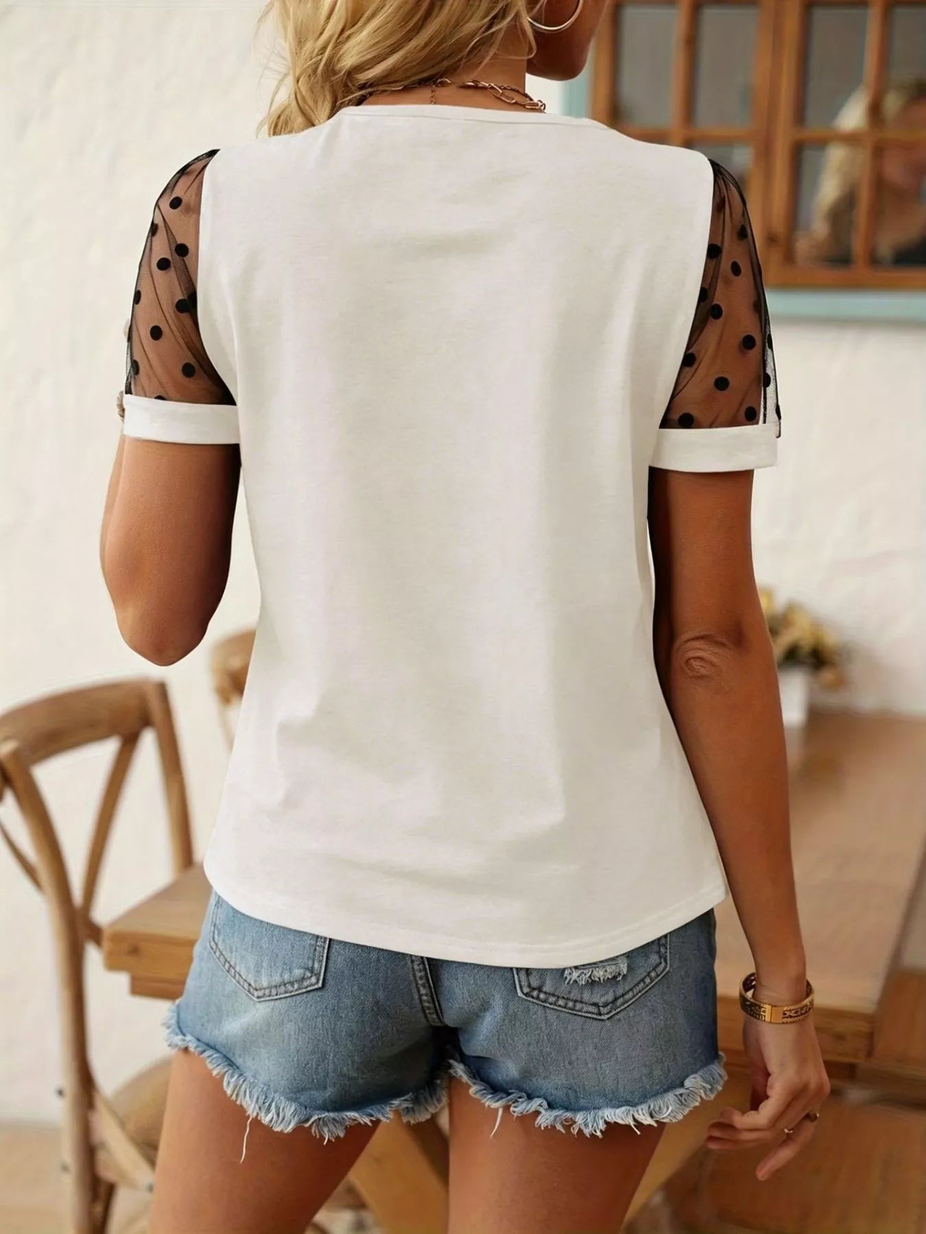 Polka Dot Mesh Sleeve T-Shirt