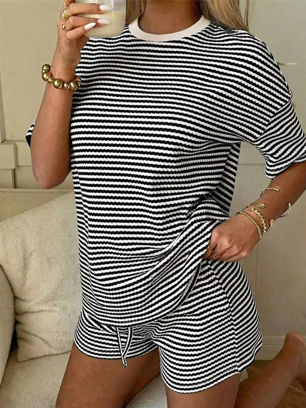 Striped Round Neck Tee and Shorts Set