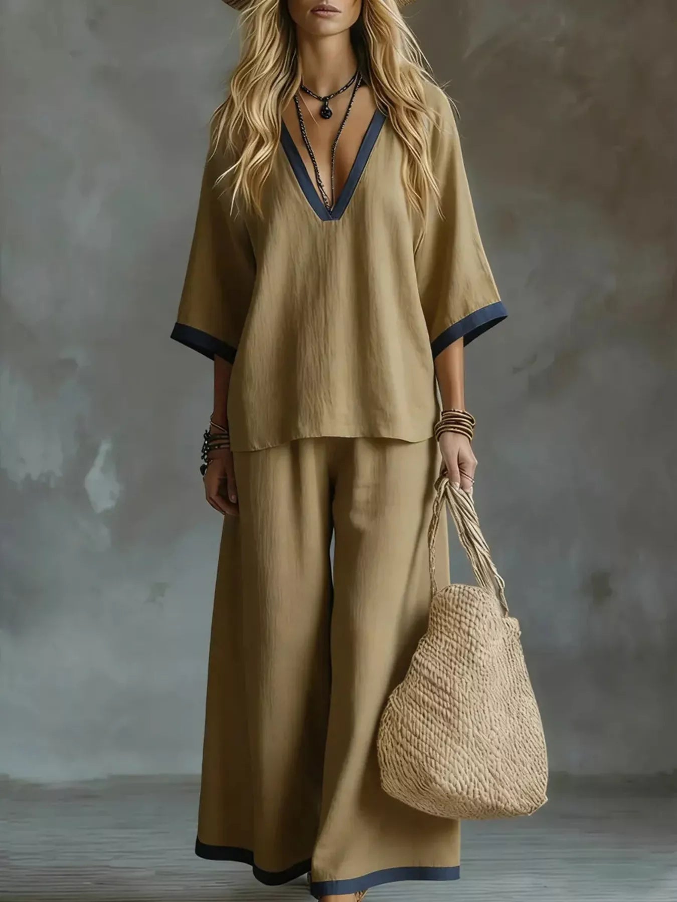 Contrast Trim V-Neck Top and Pants Set