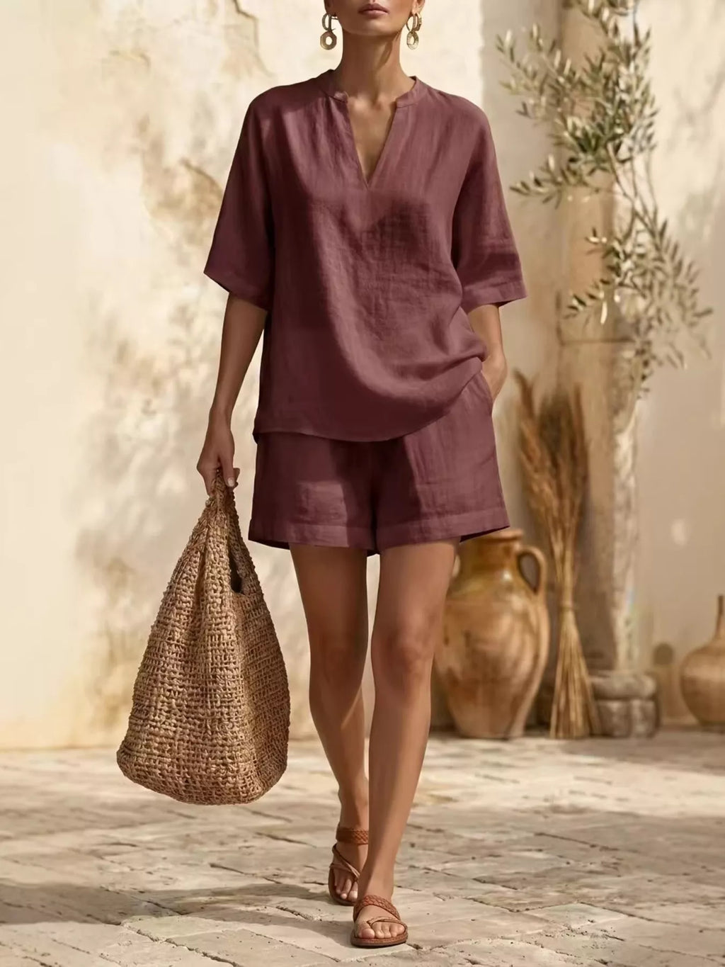 Full Size Notched Half Sleeve Top and Shorts Set Plus Size
