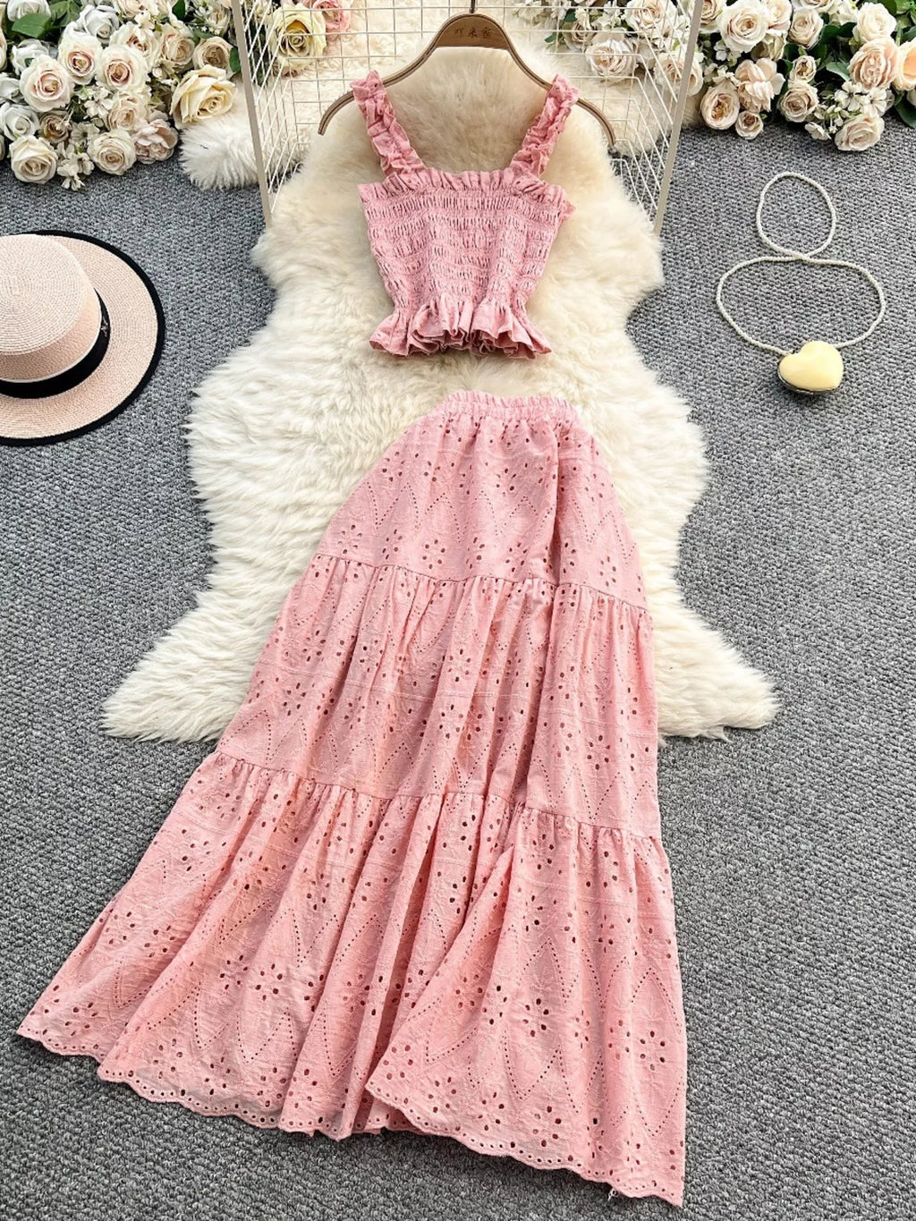 Smocked Crop Top and Hollow-Out Skirt Set