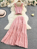 Smocked Crop Top and Hollow-Out Skirt Set