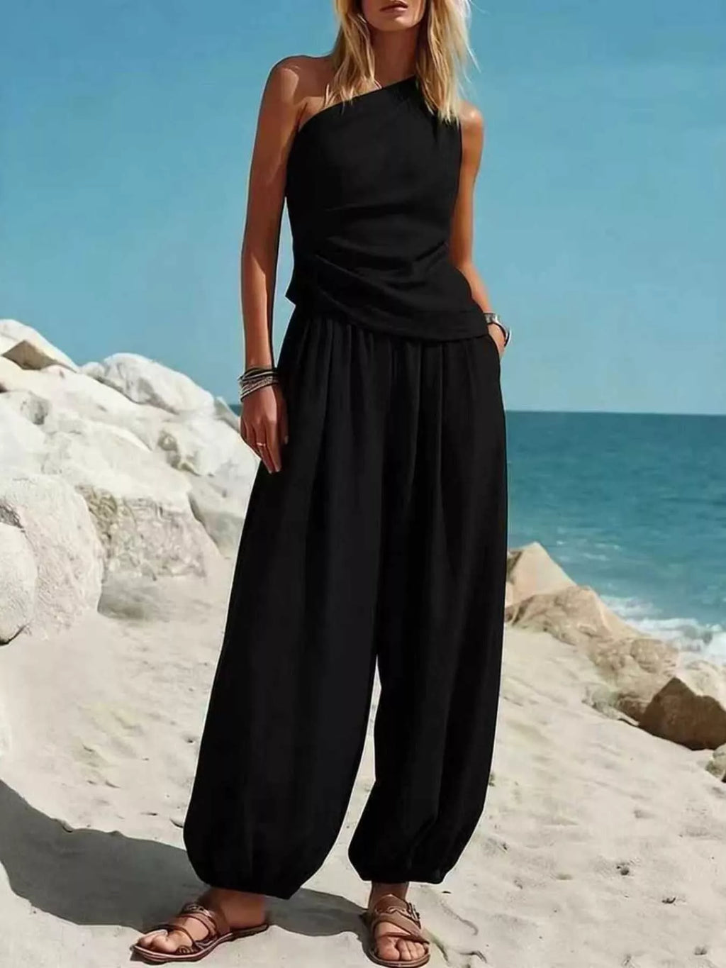 Full Size One-Shoulder Top and Wide Leg Pants Set Plus Size