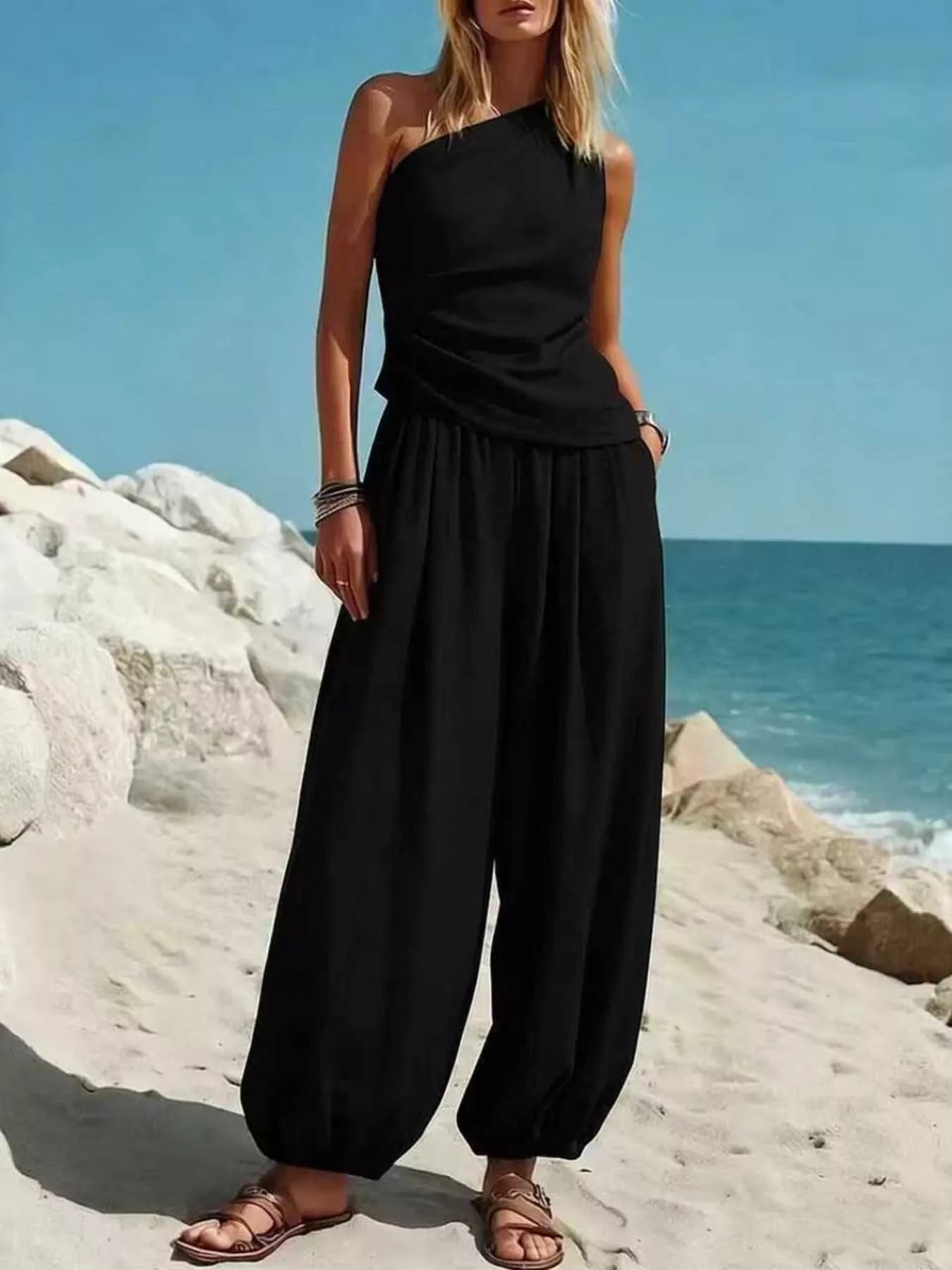 Full Size One-Shoulder Top and Wide Leg Pants Set Plus Size