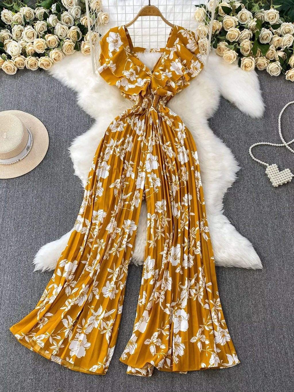 Floral Print Wide Leg Pleated Jumpsuit