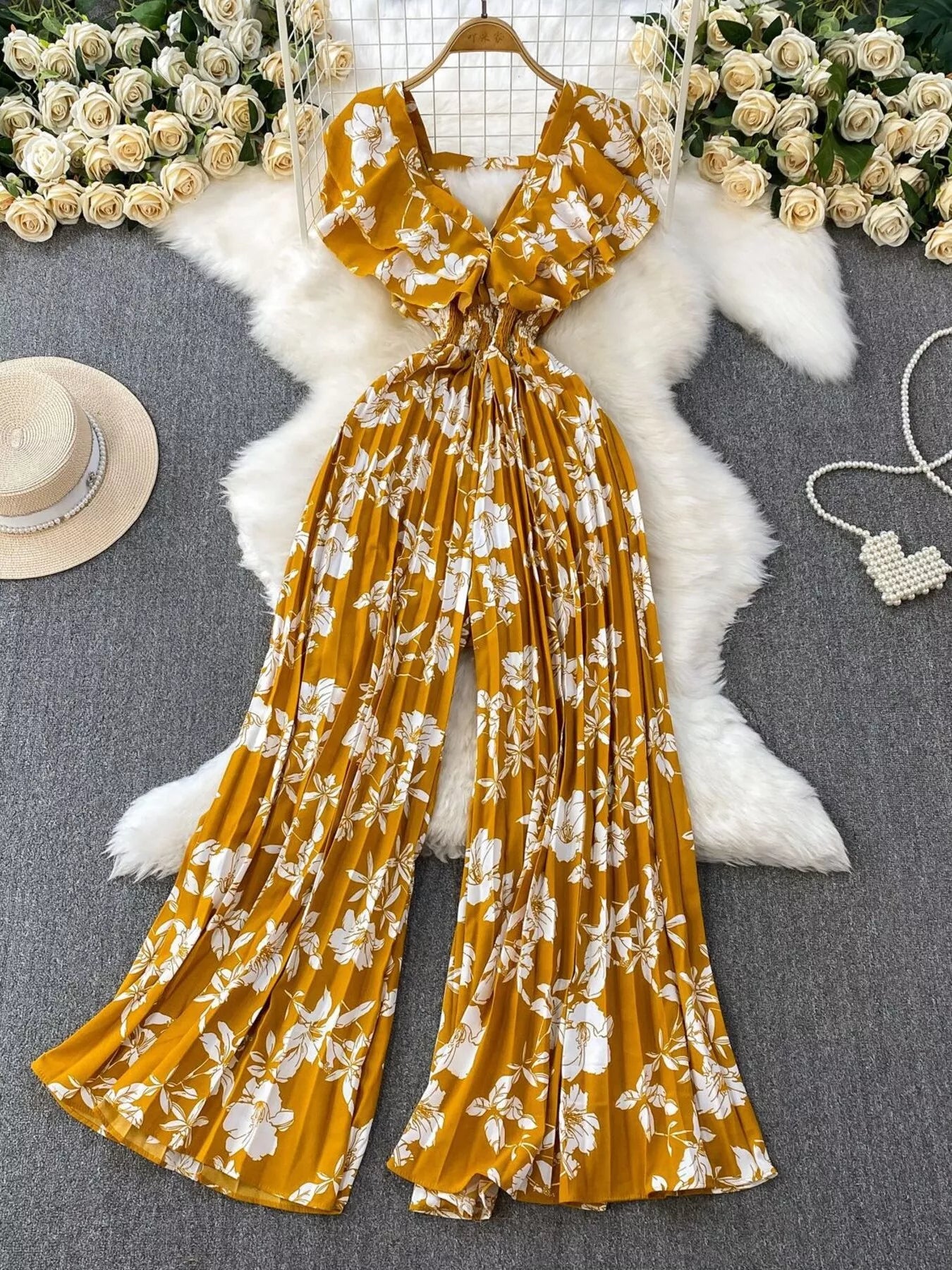 Floral Print Wide Leg Pleated Jumpsuit