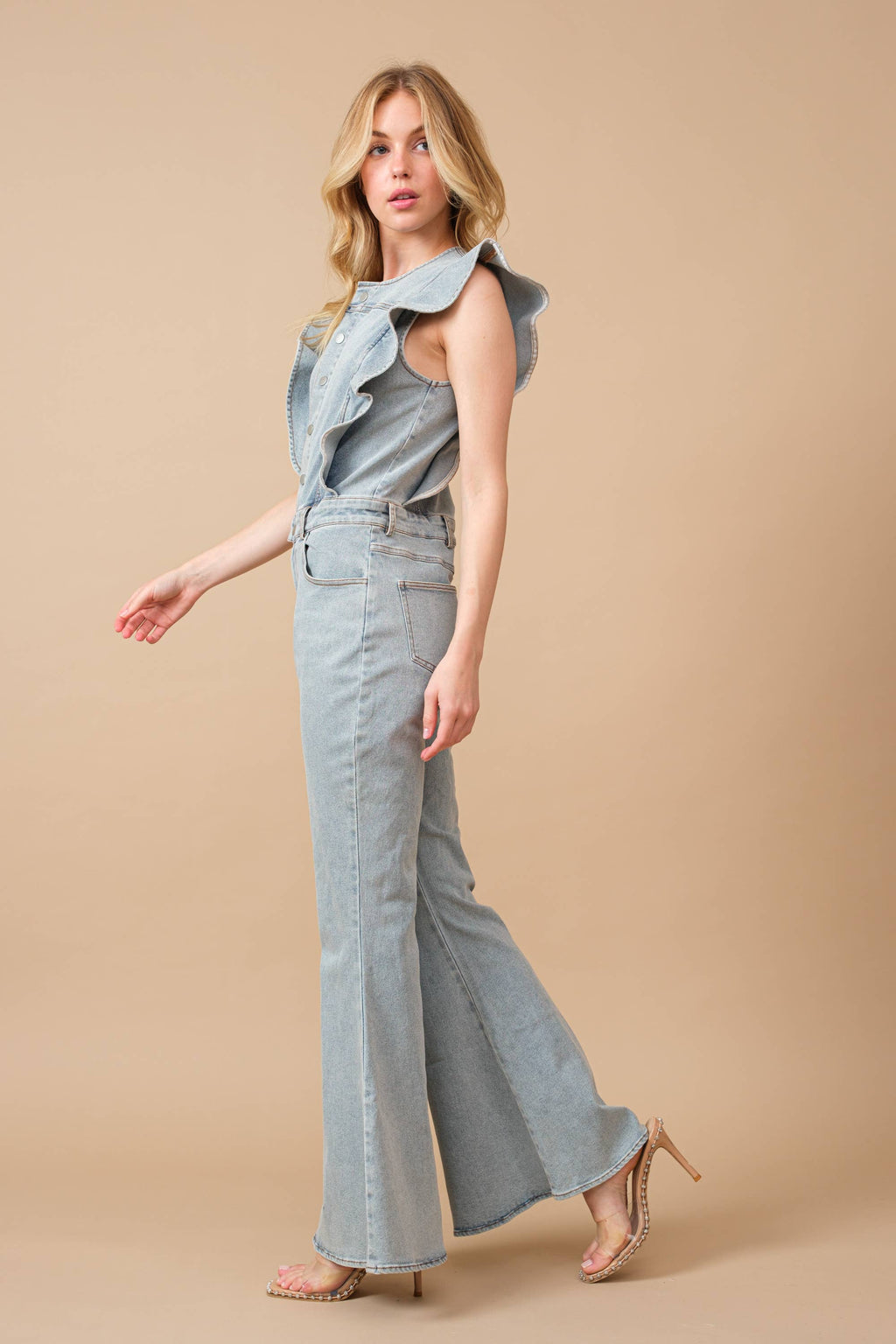 Pretty Little Patriot Pretty Little Patriot Ruffle Bell Bottom Denim Jumpsuit — product category context