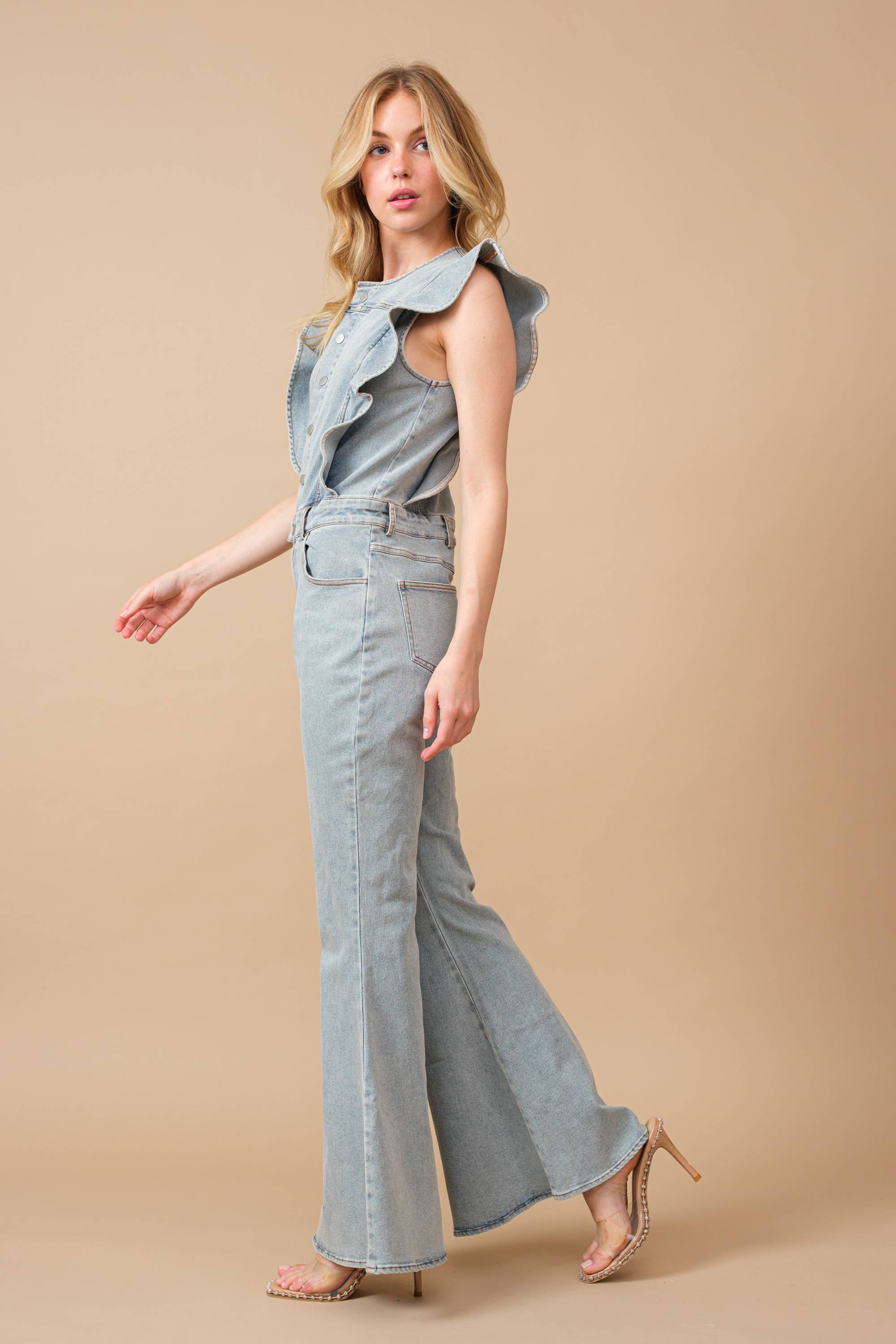 Pretty Little Patriot Pretty Little Patriot Ruffle Bell Bottom Denim Jumpsuit — product category context