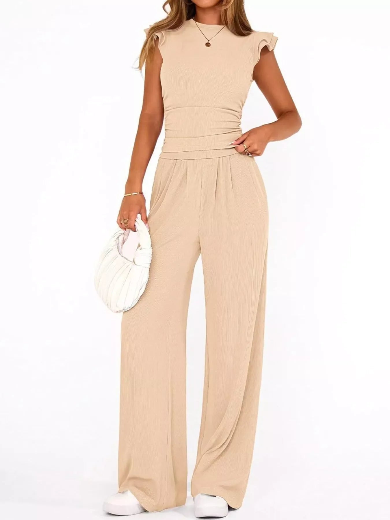 Ruffled Mock Neck Top and Wide Leg Pants Set