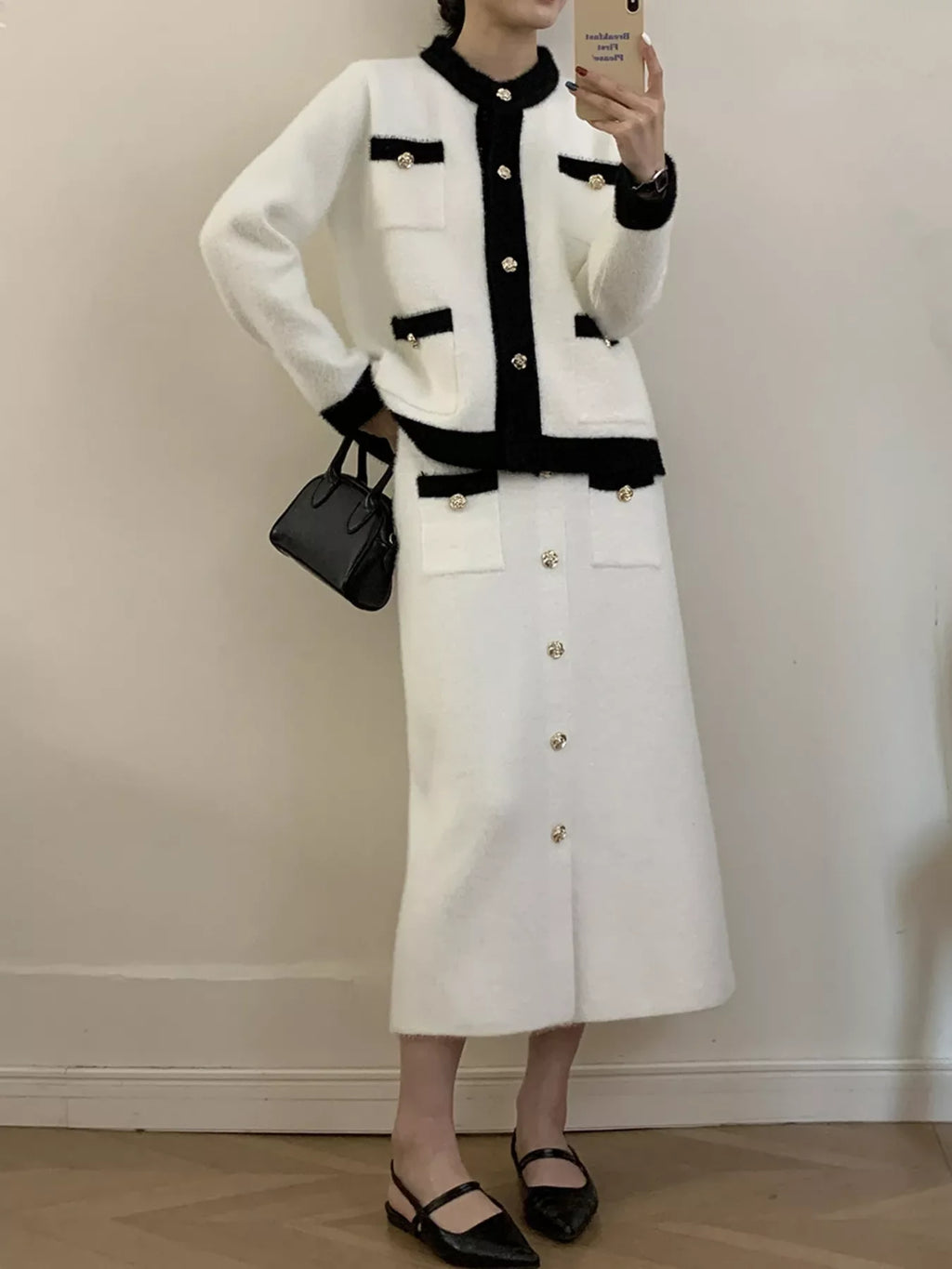 Contrast Trim Jacket and Skirts Sweater Set