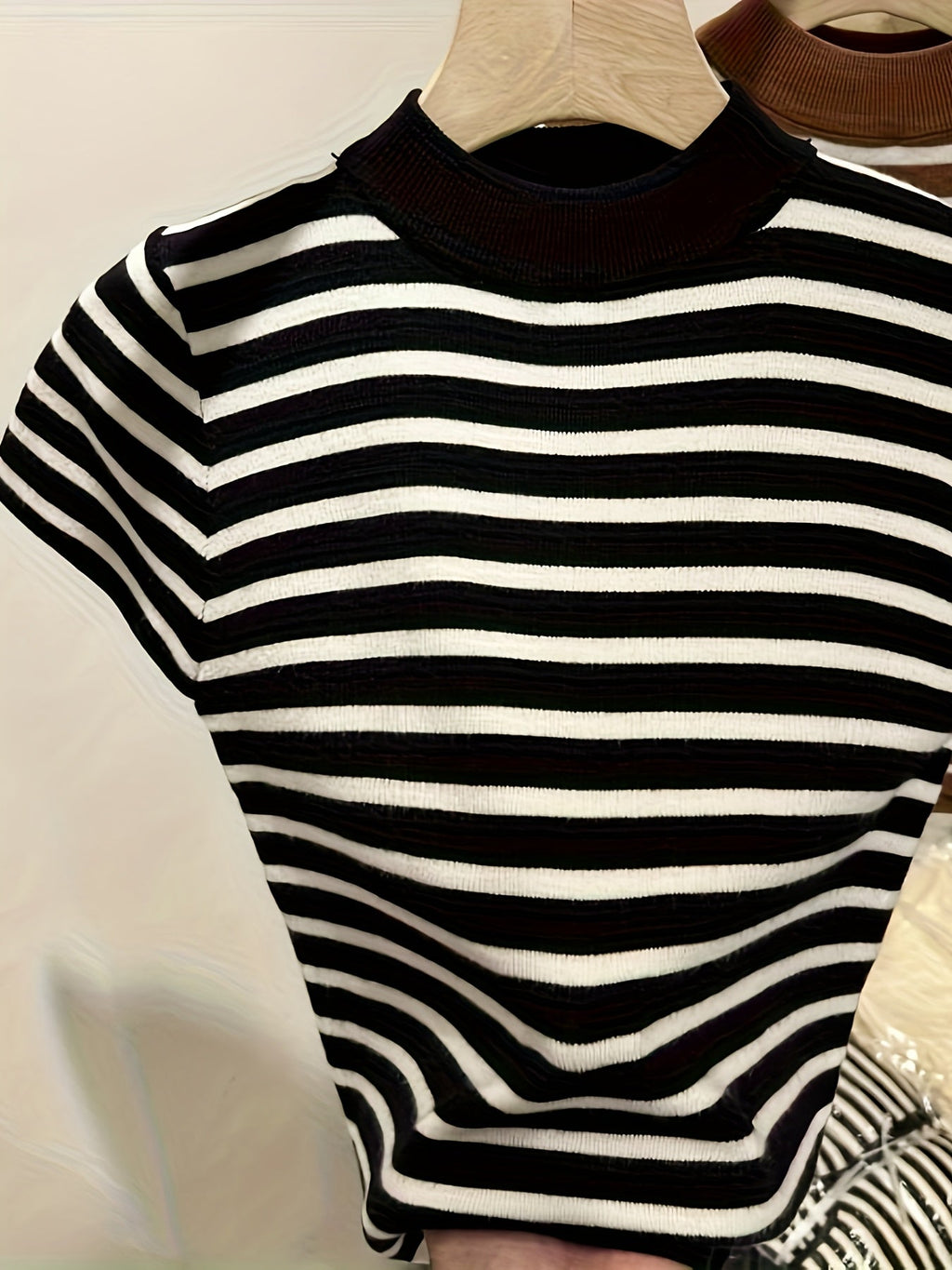 MyClosetAid Semi-High Neck Striped Short-Sleeved T-Shirt — detail close-up