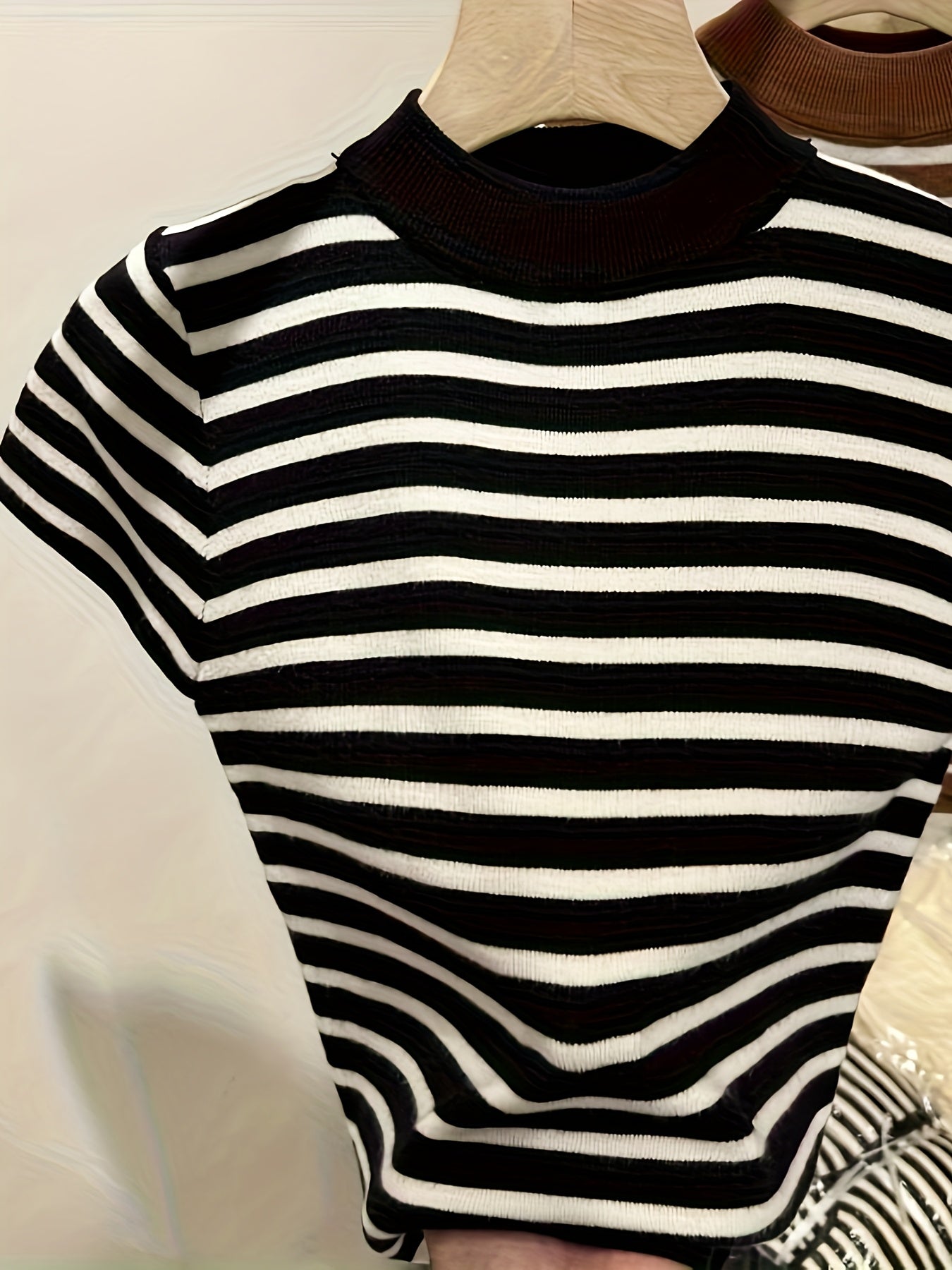 MyClosetAid Semi-High Neck Striped Short-Sleeved T-Shirt — detail close-up