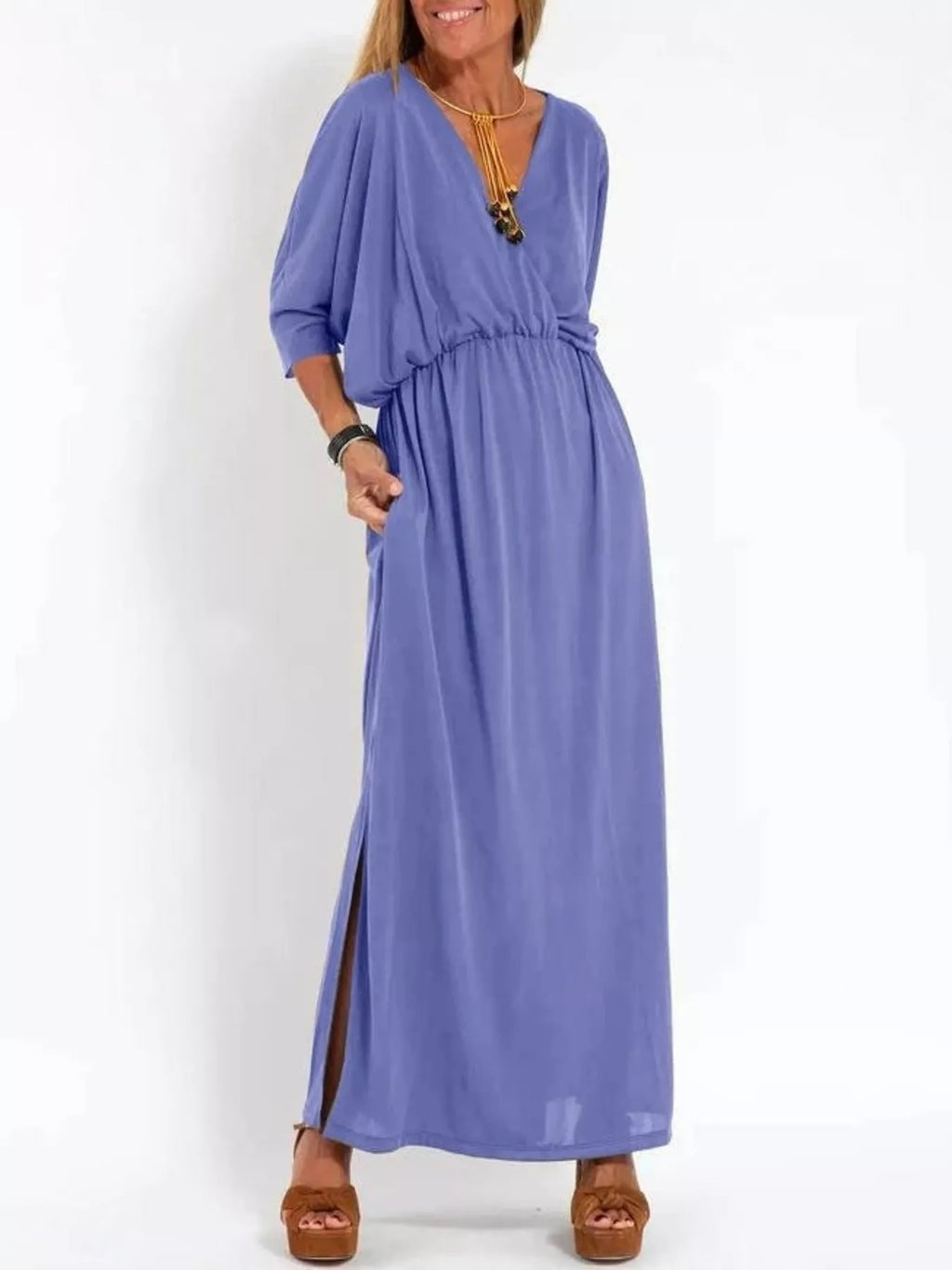 Full Size V-Neck Batwing Sleeve Maxi Dress with Side Slits Plus Size