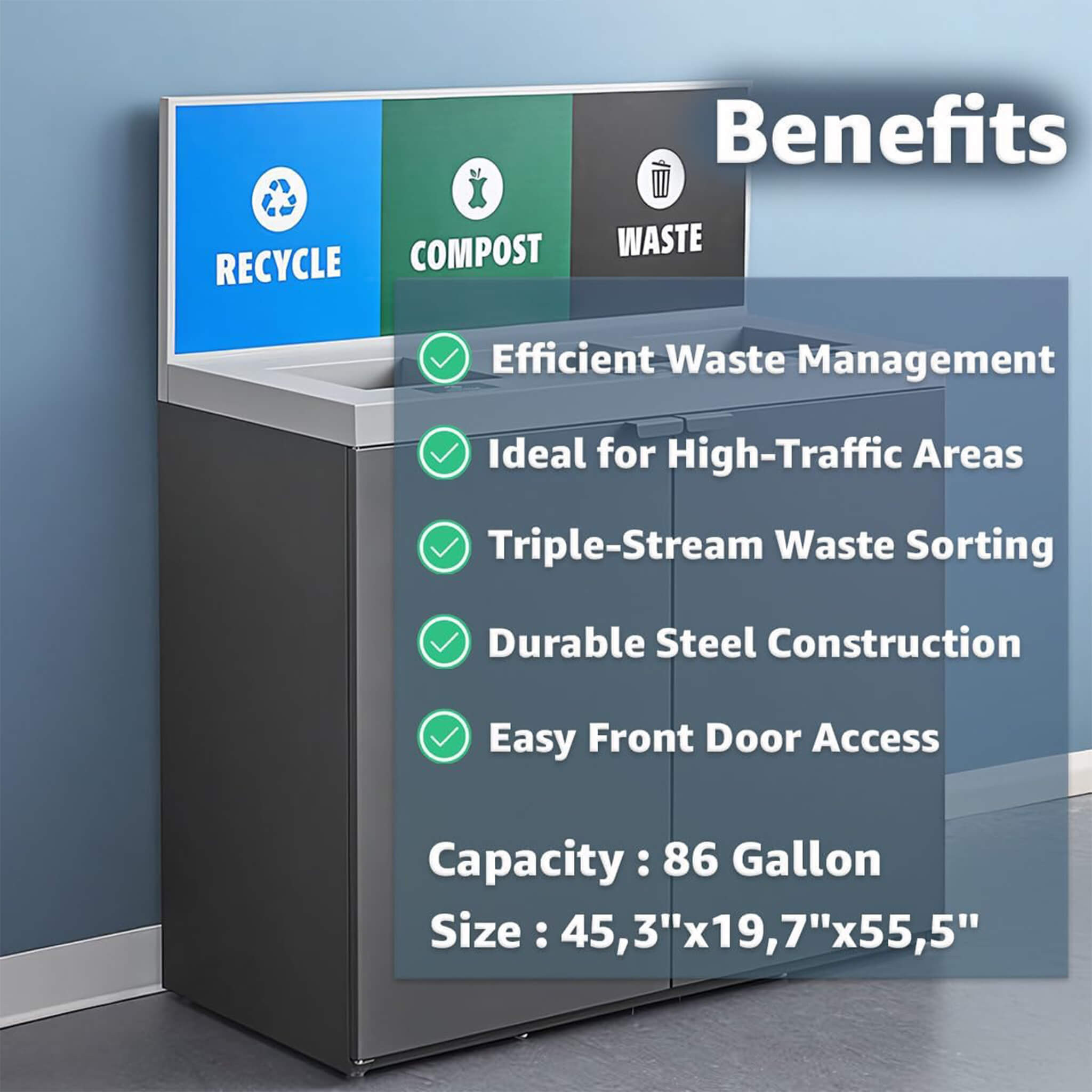 86-Gallon Heavy-Duty Commercial Steel Three-Stream Trash Can Cabinet With Panel (SAK96241) – SAKSBY WHOLESALE, view 5
