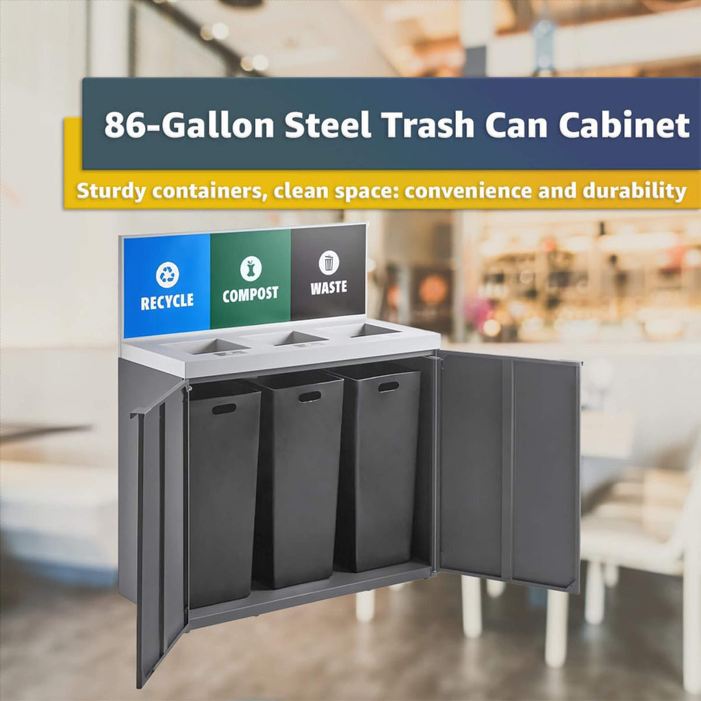 86-Gallon Heavy-Duty Commercial Steel Three-Stream Trash Can Cabinet With Panel (SAK96241) – SAKSBY WHOLESALE, view 4