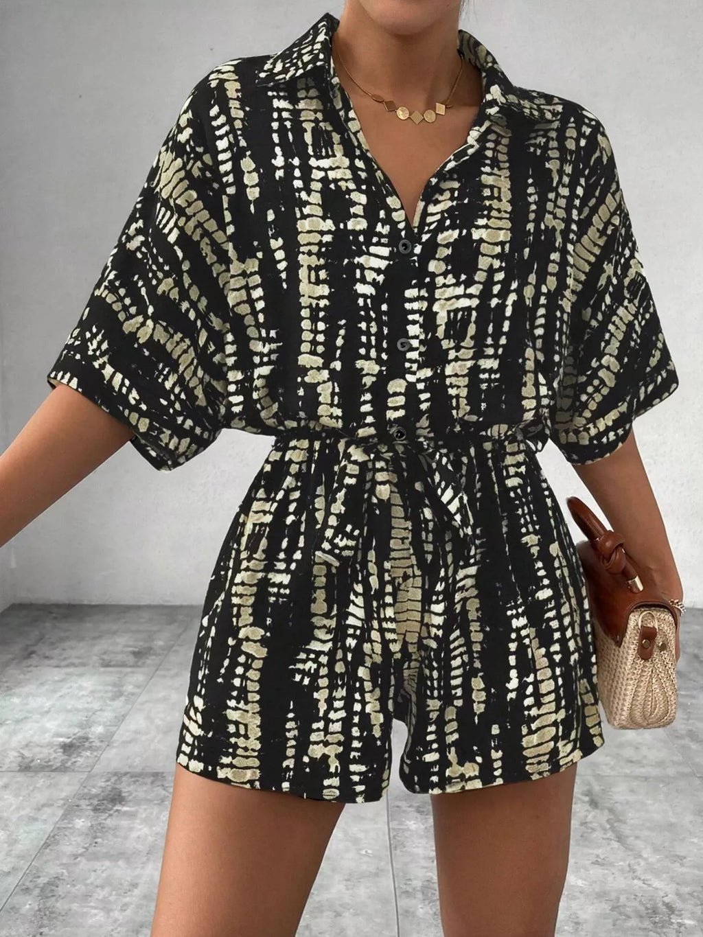 Striped Button-Up Belted Romper