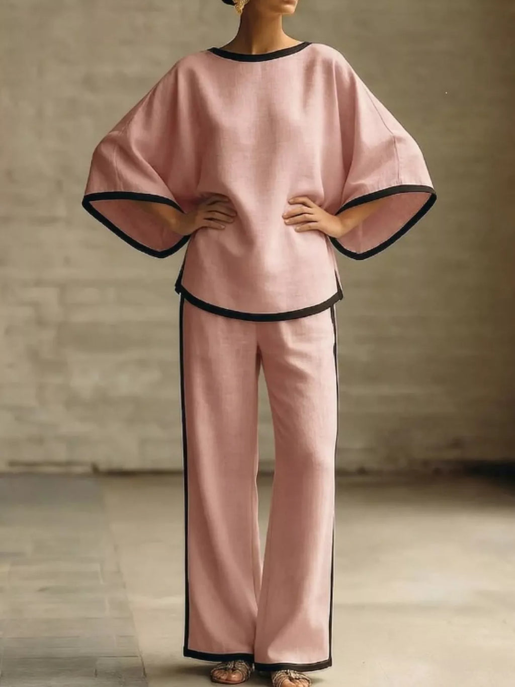 Full Size Contrast Trim Top and Wide-Leg Pants Set Plus Size