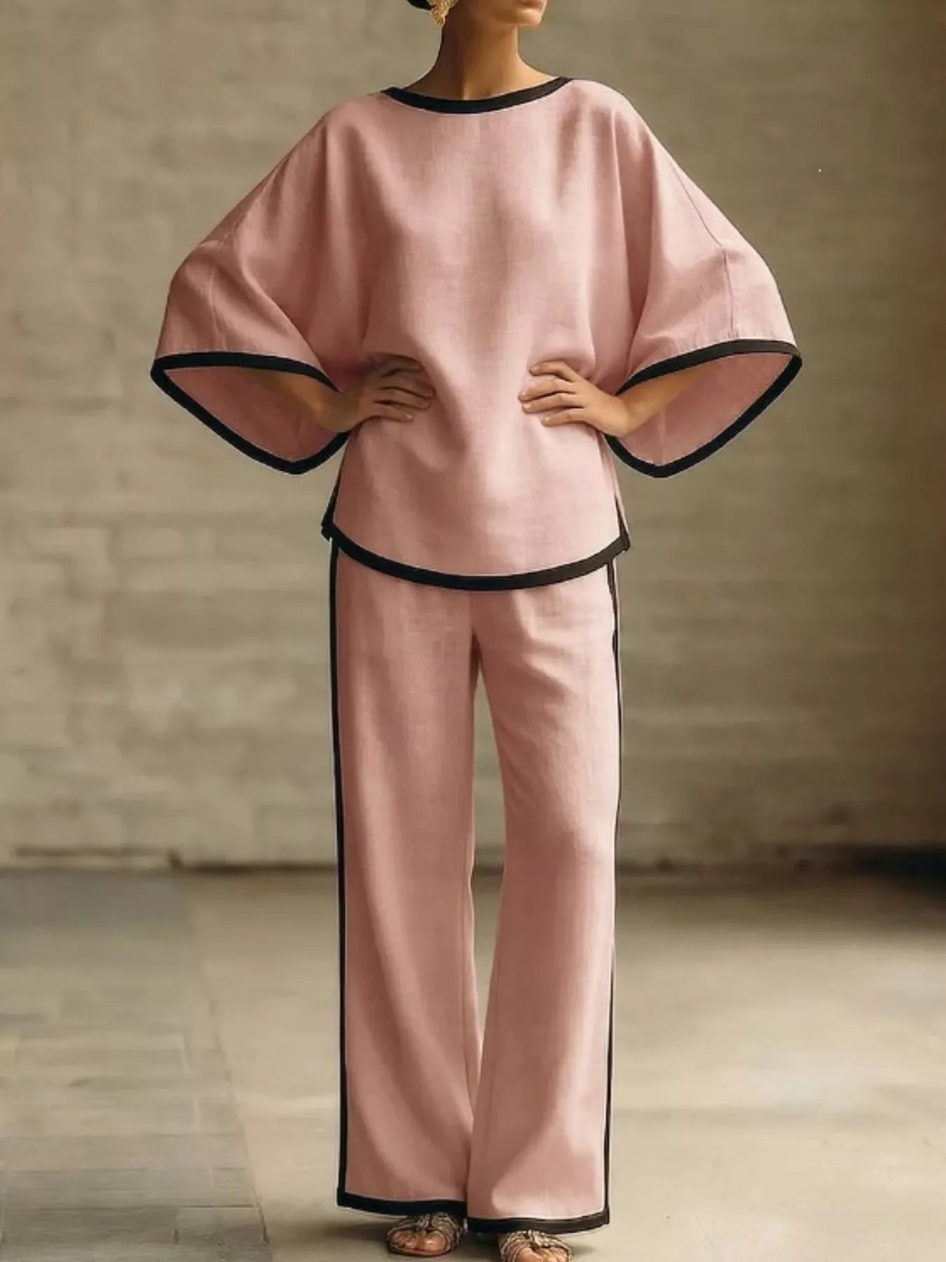 Full Size Contrast Trim Top and Wide-Leg Pants Set Plus Size