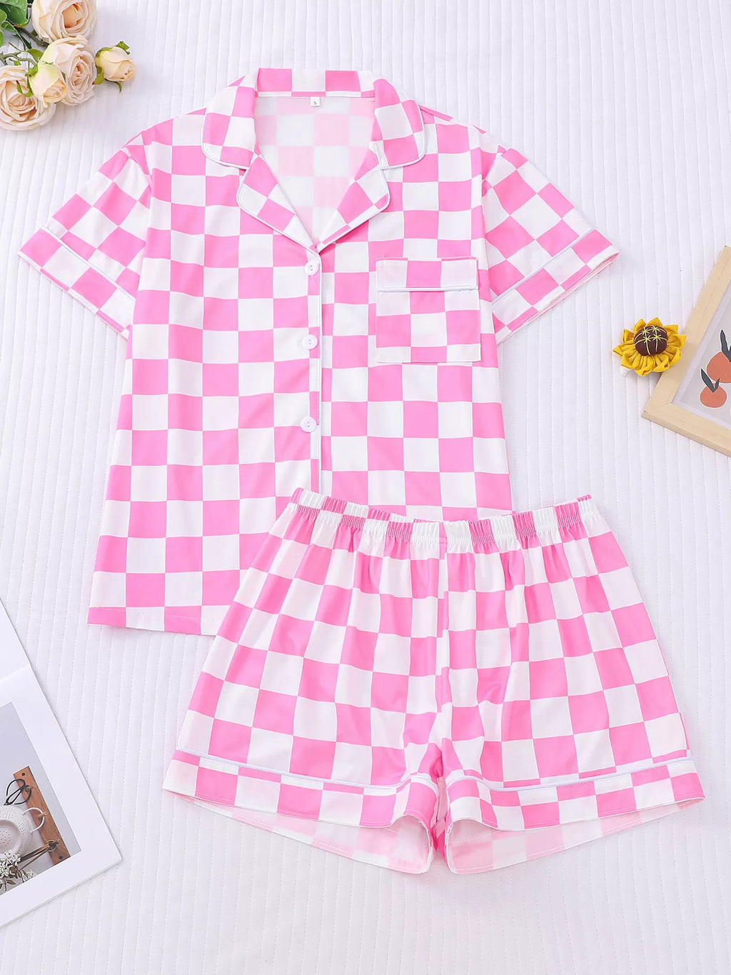 Checkered Print Button Up Top and Shorts Lounge Set